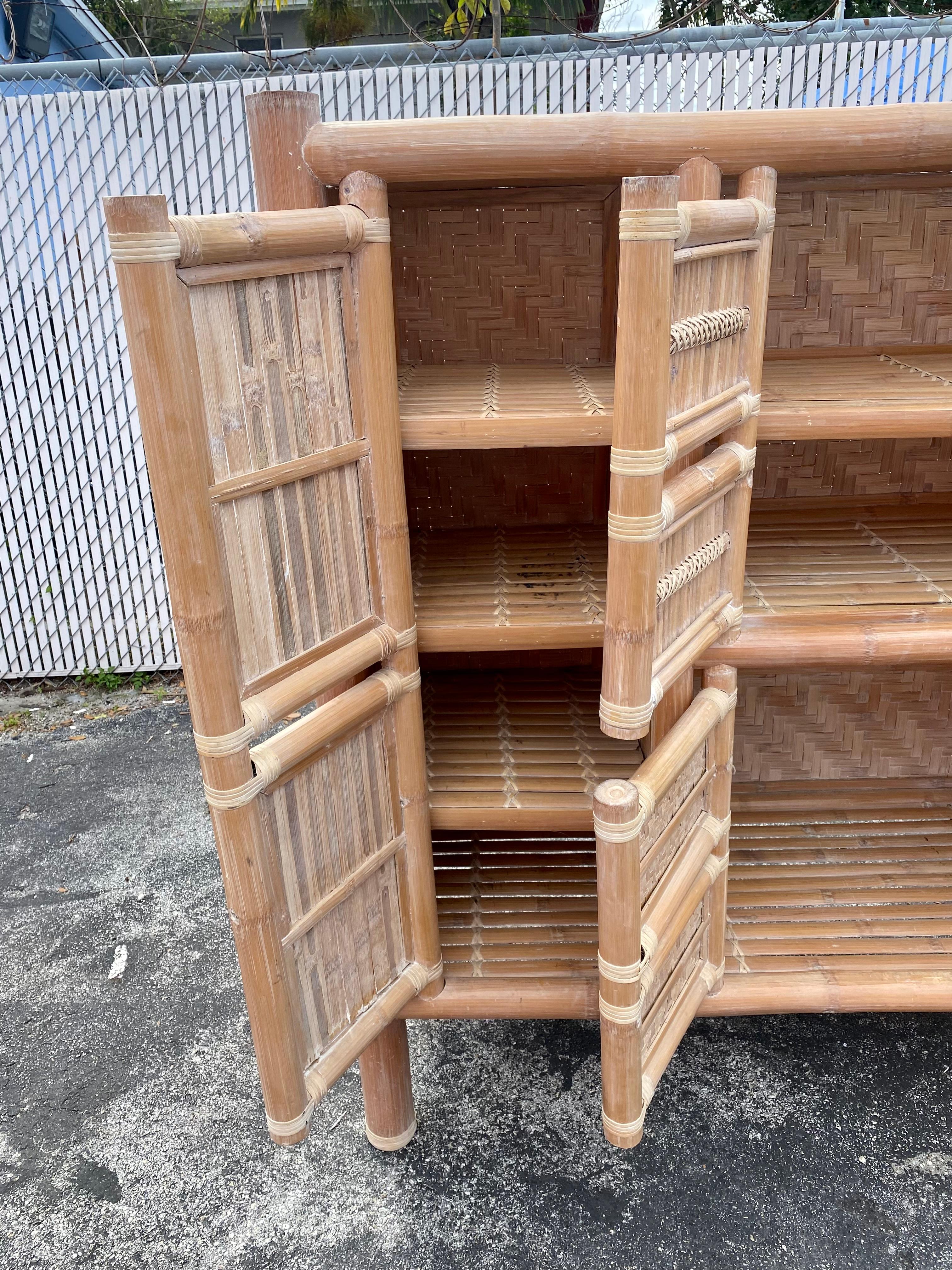 1970s Large Organic Bamboo Rattan Slatted Storage Cabinet Wardrobe For Sale 1