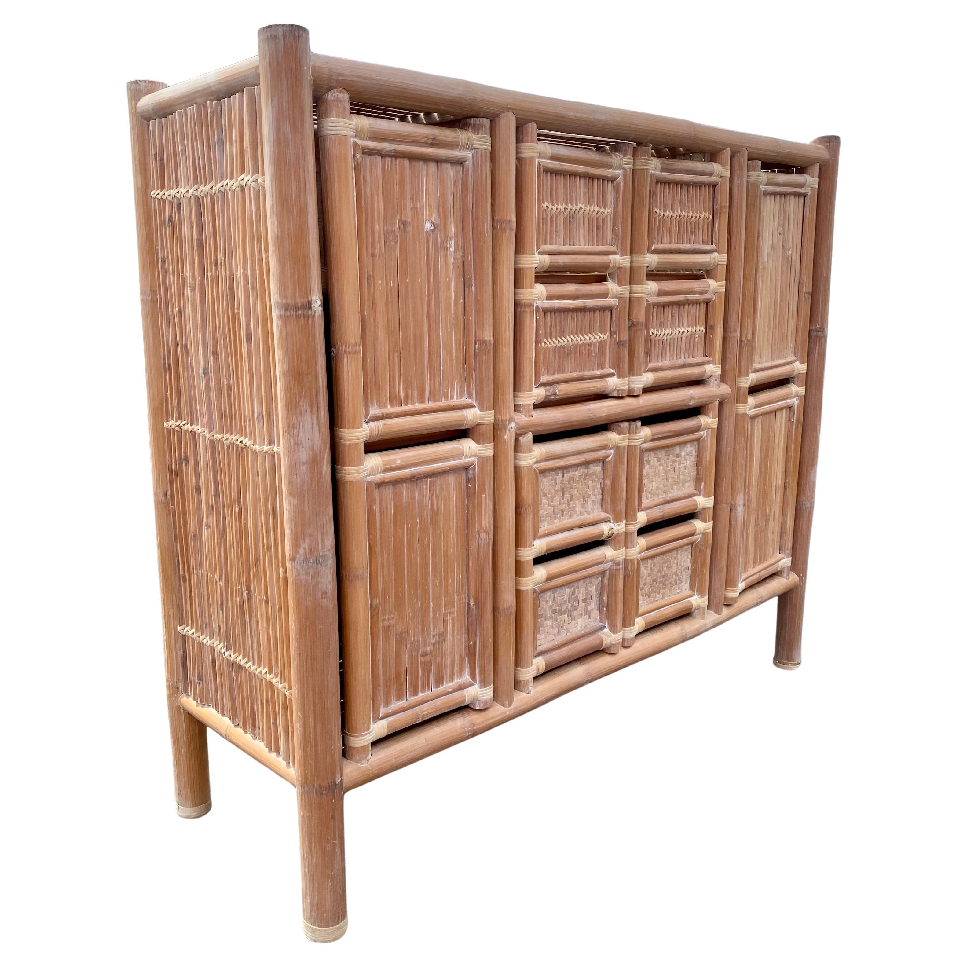 1970s Large Organic Bamboo Rattan Slatted Storage Cabinet Wardrobe For Sale