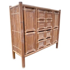 Used 1970s Large Organic Bamboo Rattan Slatted Storage Cabinet Wardrobe