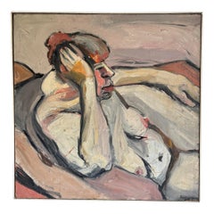 1970s Large Original Abstract Female Nude on Canvas by Paul Yarensky Signed