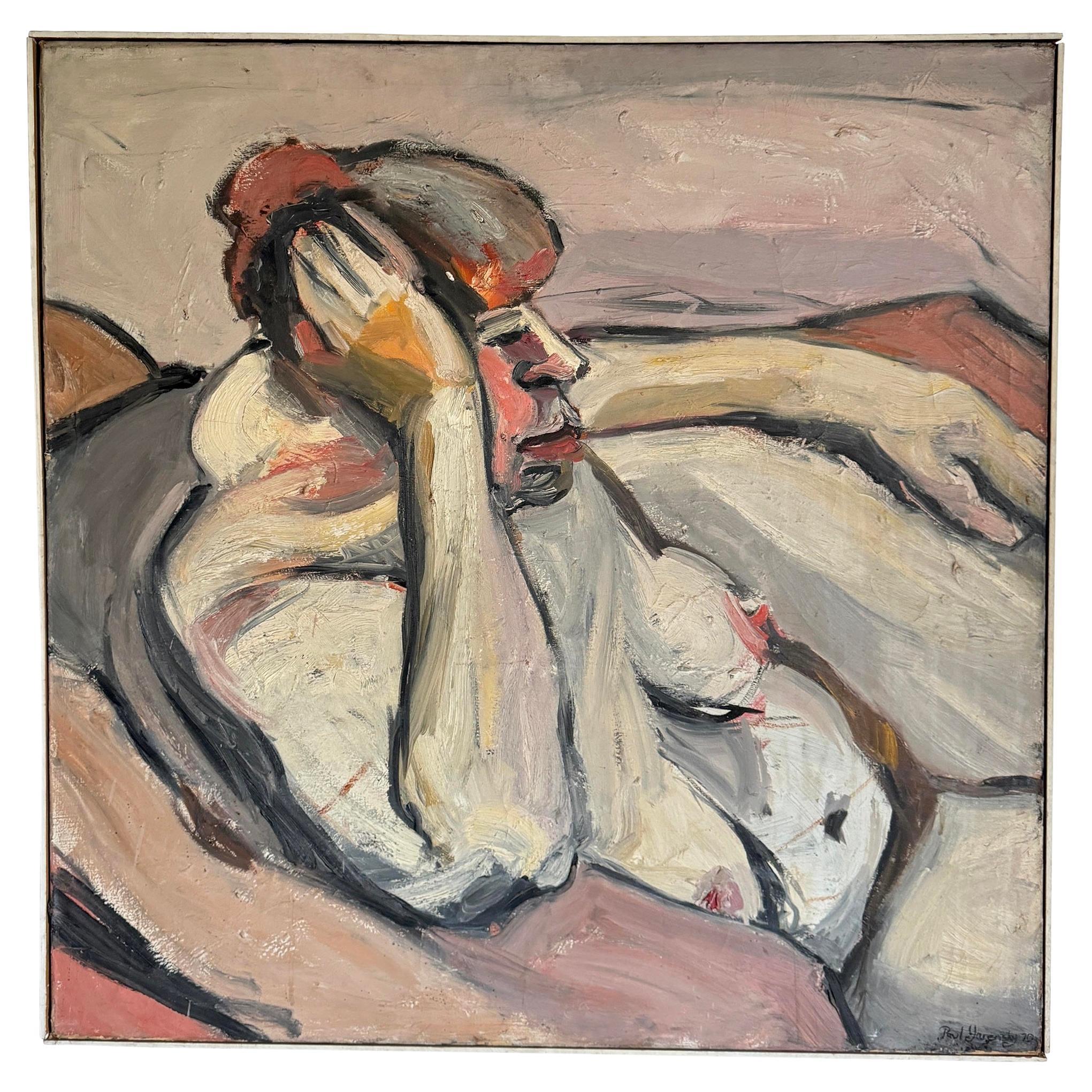 Grande nue féminine abstraite originale sur toile signée Paul Yarensky, années 1970