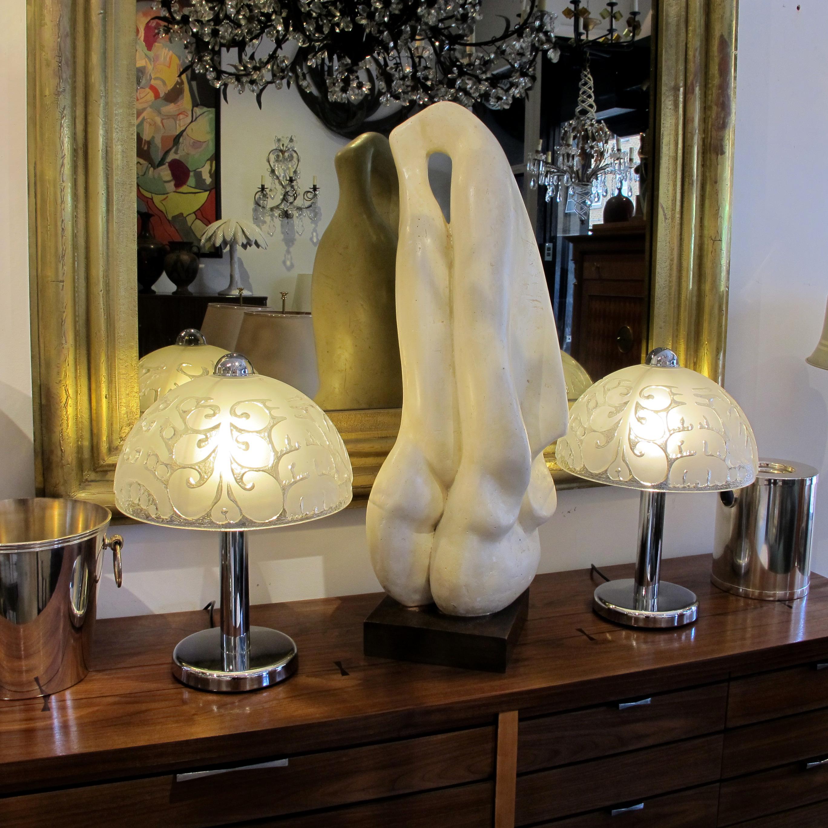 1970s Large Pair of Chrome and Frosted Glass Table Lamps, German For Sale 5