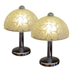 1970s Large Pair of Chrome and Frosted Glass Table Lamps, German