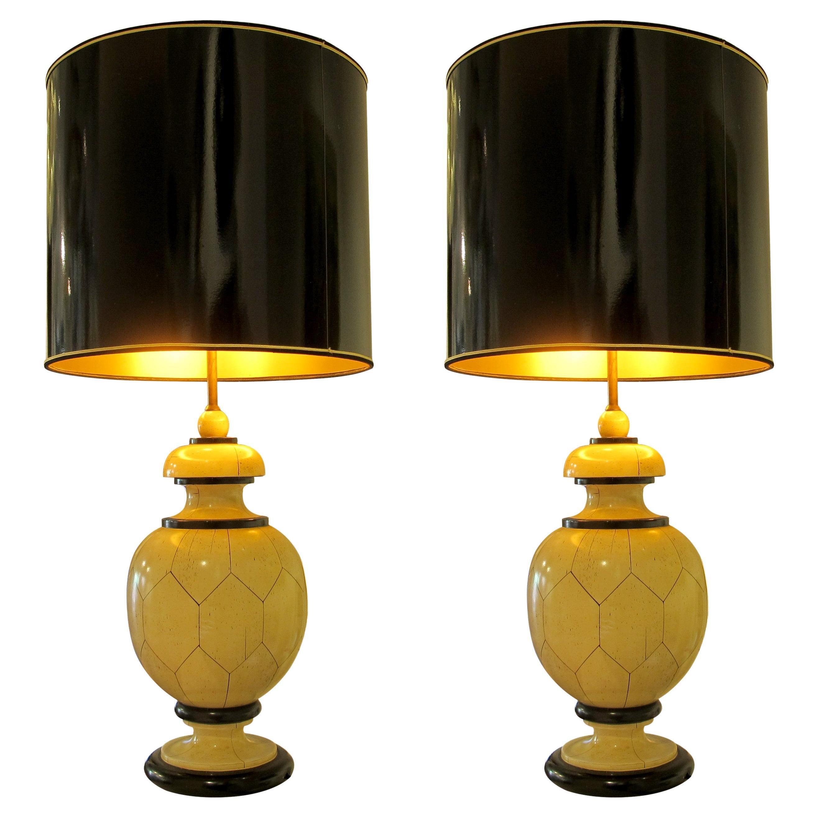 1970s Large Pair of Tessellated Bulbous Table Lamps by Maison Delisle, French