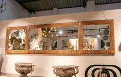 1970s Large Panoramic Vintage Mirror in Woven Rattan Coastal Style