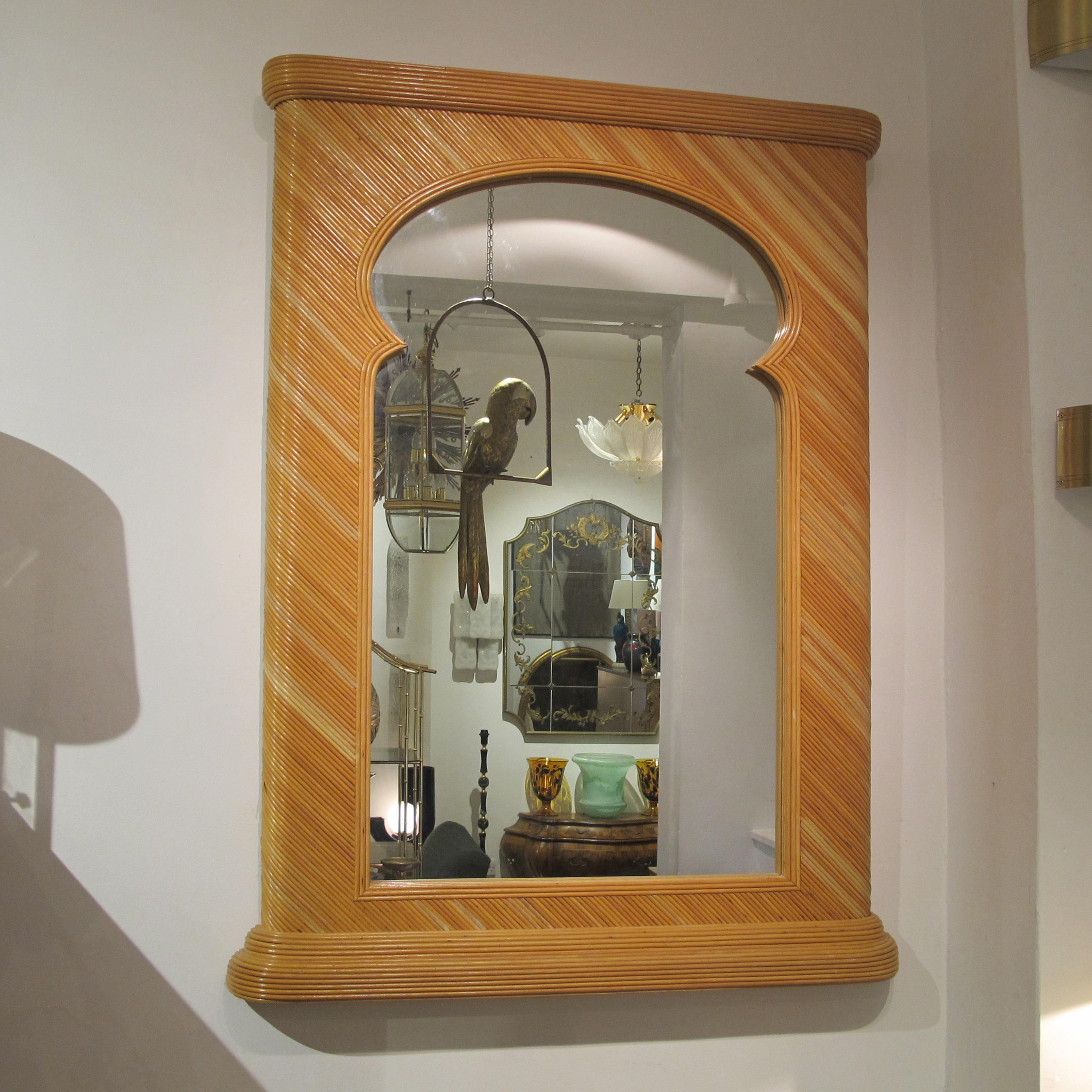 1970s Large Pencil Reed Rattan Mirror Attributed to Vivai Del Sud, Italian For Sale 1