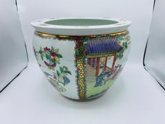 1970s Large Polychrome Rose Medallion Ceramic Planter