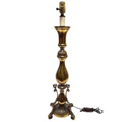 1970s Large Queen Anne Brass Patinaed Candle Stick Table Lamp