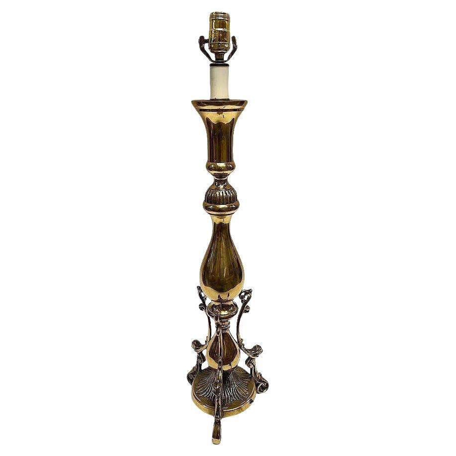 1970s Large Queen Anne Brass Patinaed Candle Stick Table Lamp For Sale