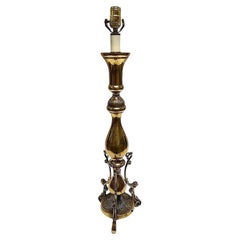 1970s Large Queen Anne Brass Patinaed Candle Stick Table Lamp