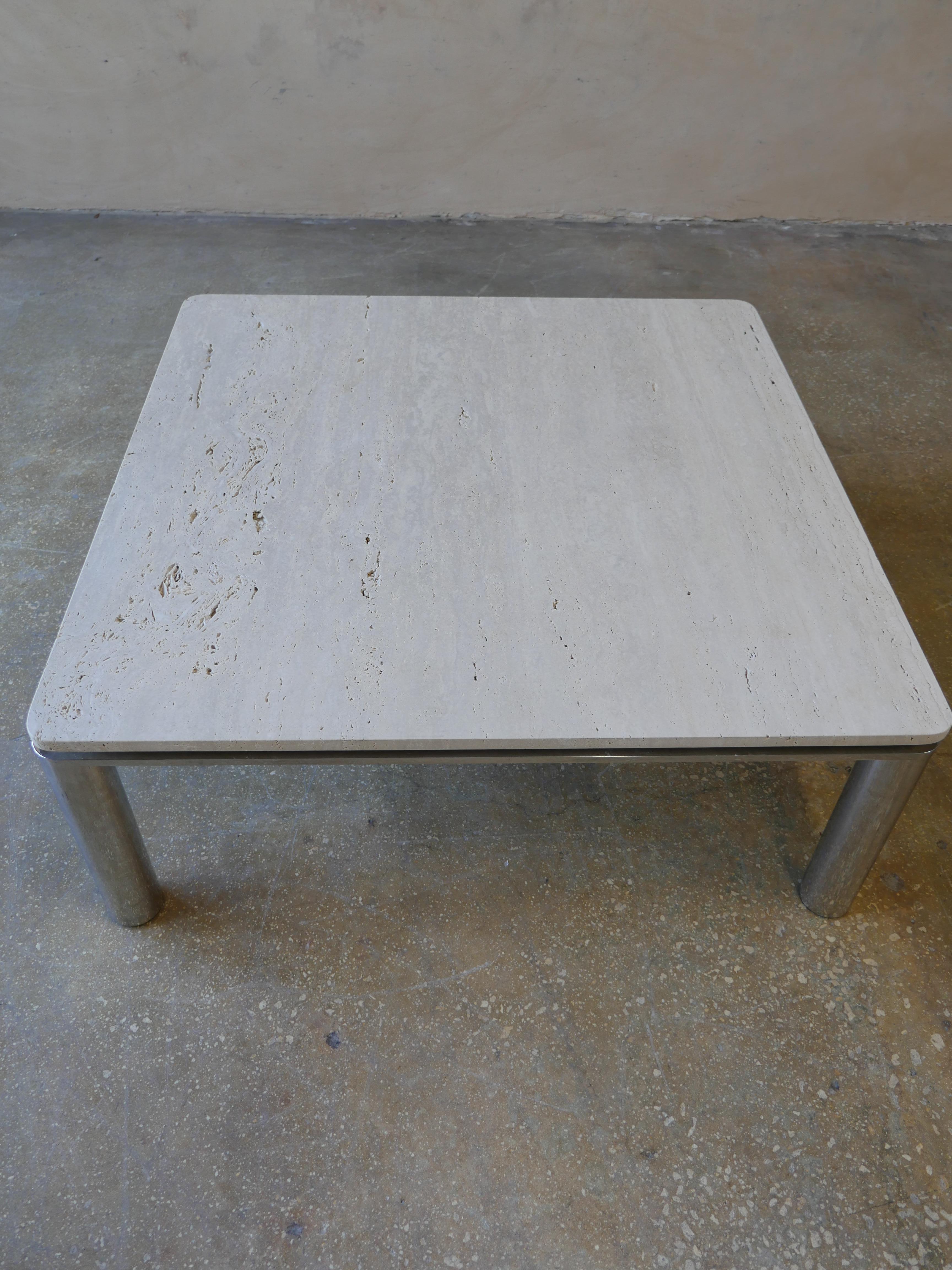 Stainless Steel 1970s, Large Roman Classic Travertine and Steel Coffee Table