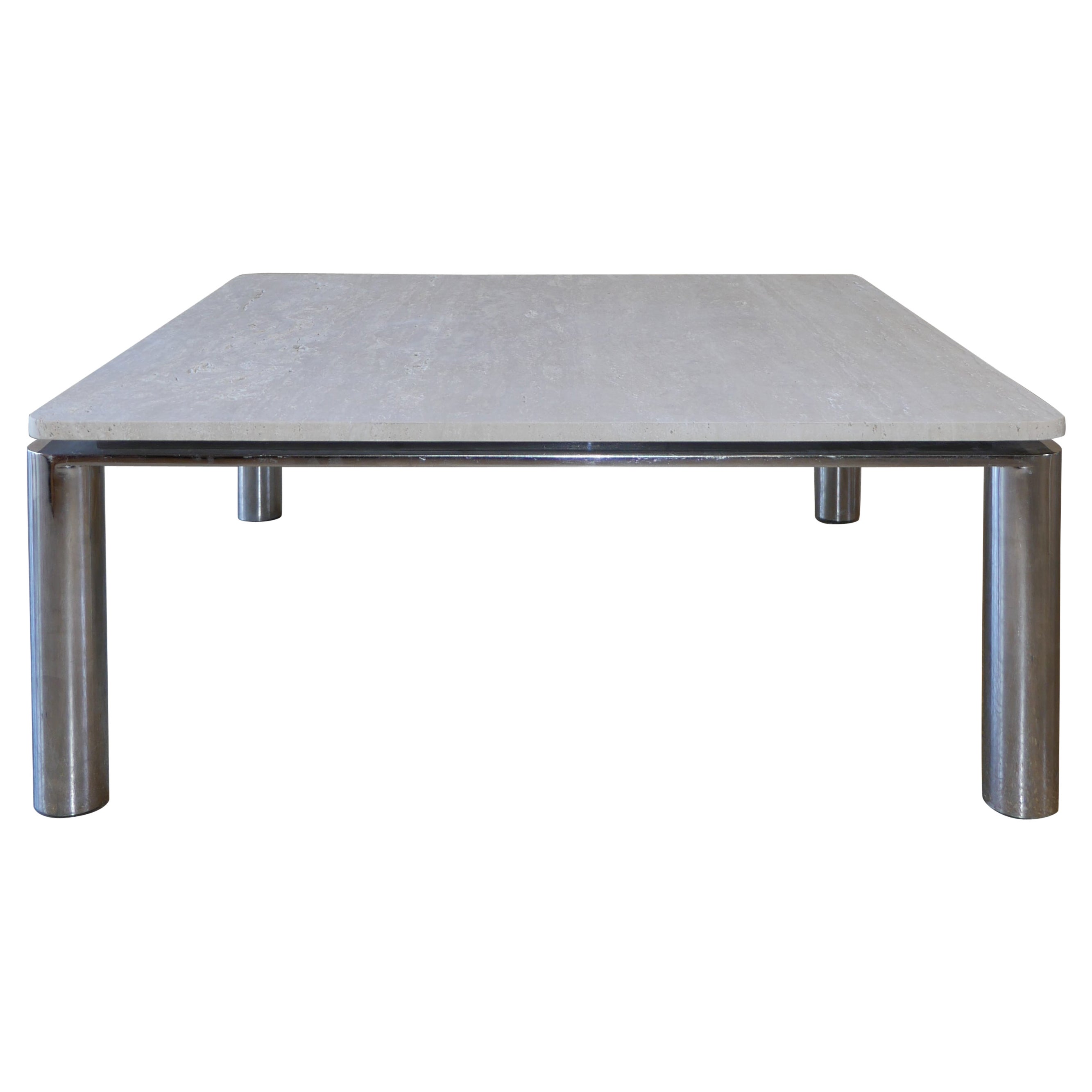 1970s, Large Roman Classic Travertine and Steel Coffee Table