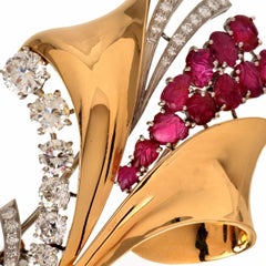 Grande broche à épingle en or 18 carats avec rubis et diamants, années 1970