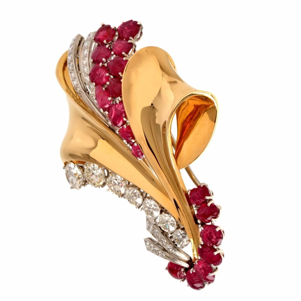 Women's 1970s Large Ruby Diamond 18 Karat Gold Pin Brooch For Sale