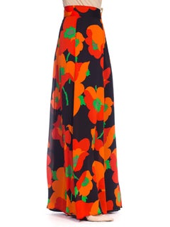 1970S Black & Red Silk Chiffon Poppy Print Fully Lined Maxi Skirt