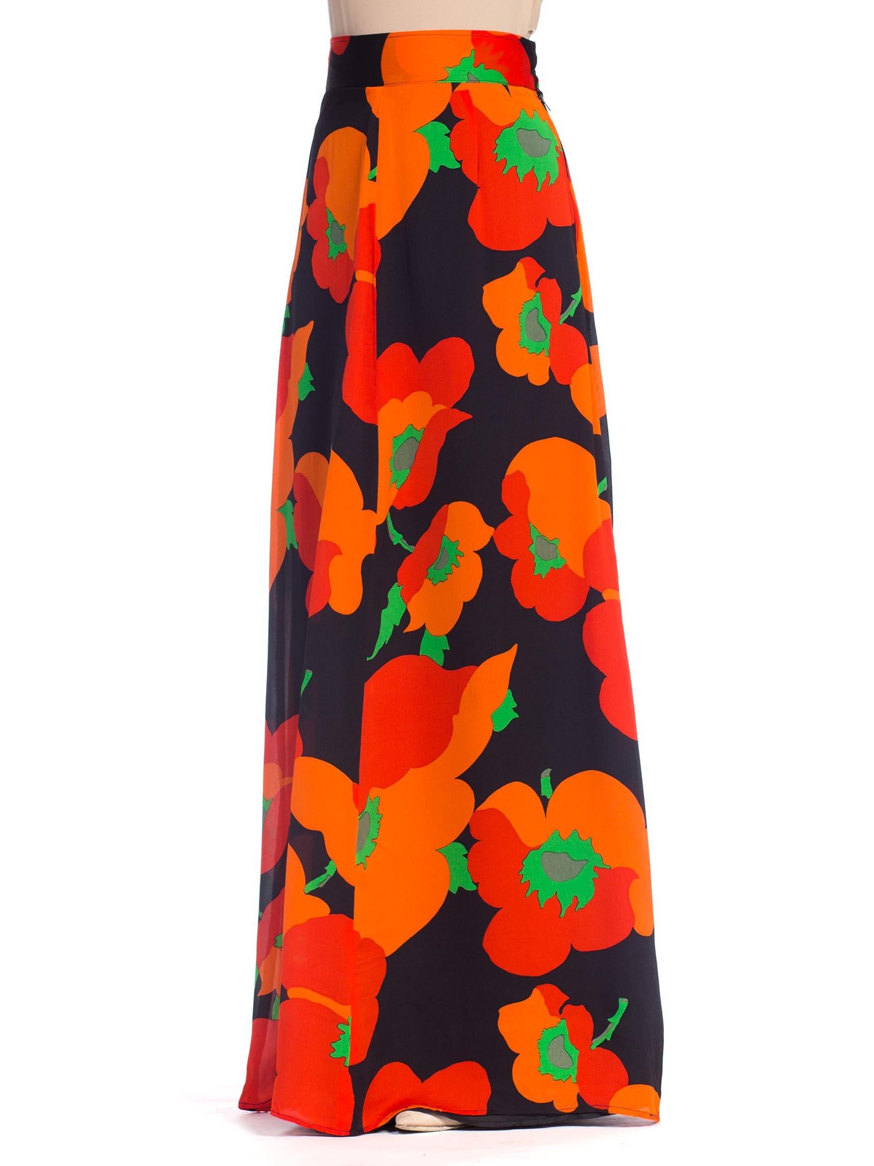 1970S Black & Red Silk Chiffon Poppy Print Fully Lined Maxi Skirt In Excellent Condition In New York, NY