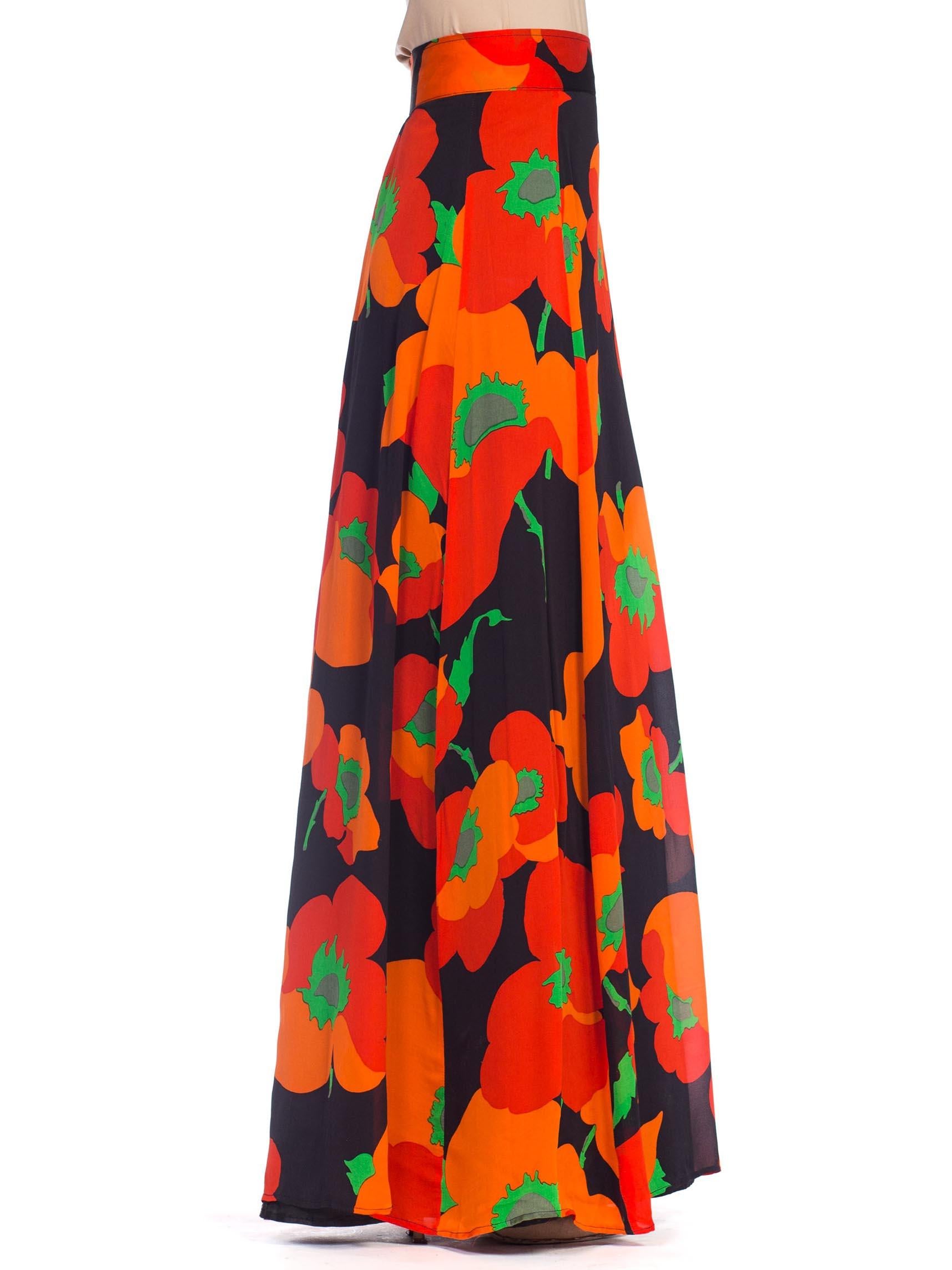 Women's 1970S Black & Red Silk Chiffon Poppy Print Fully Lined Maxi Skirt