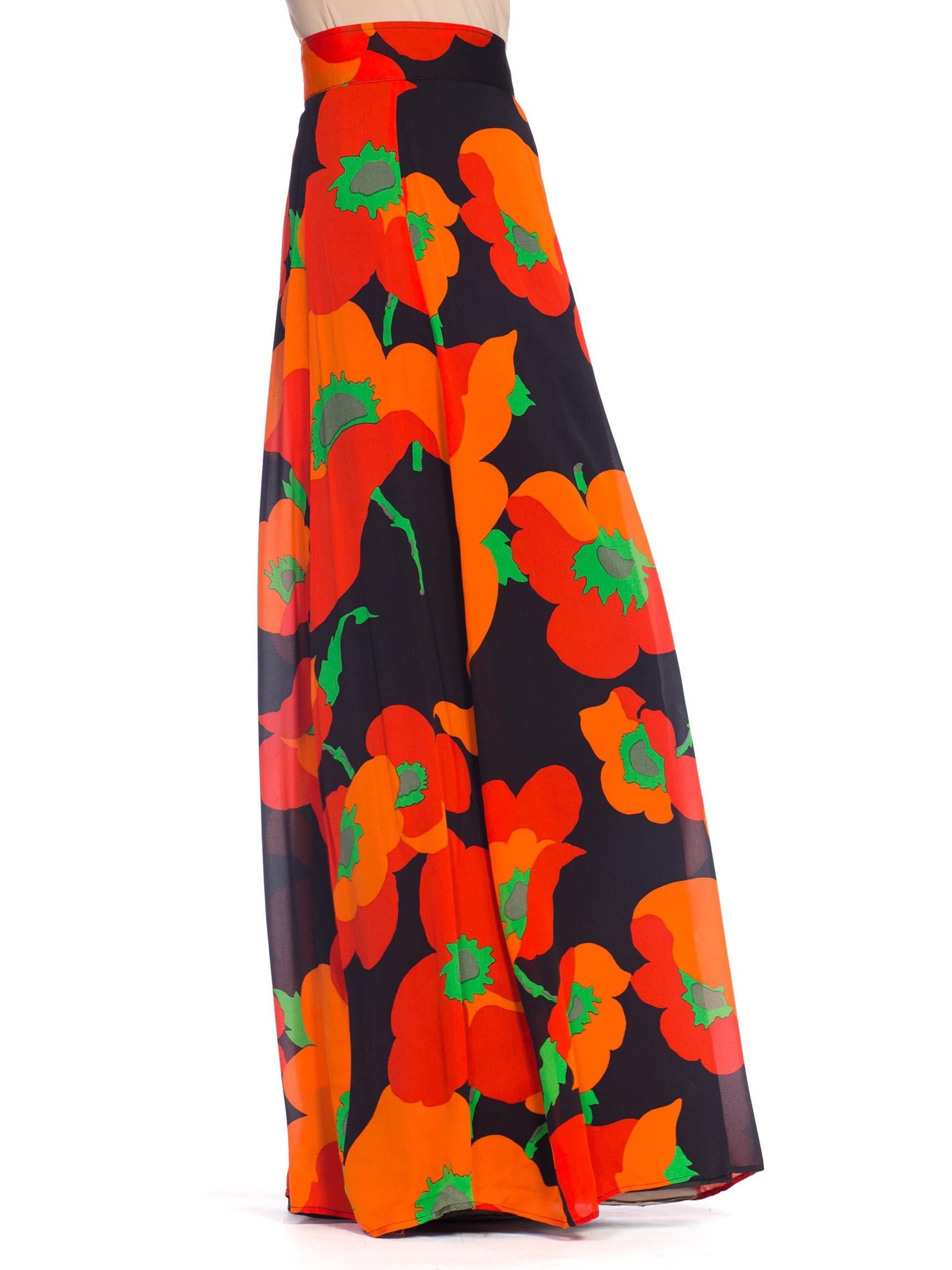 1970S Black & Red Silk Chiffon Poppy Print Fully Lined Maxi Skirt 1