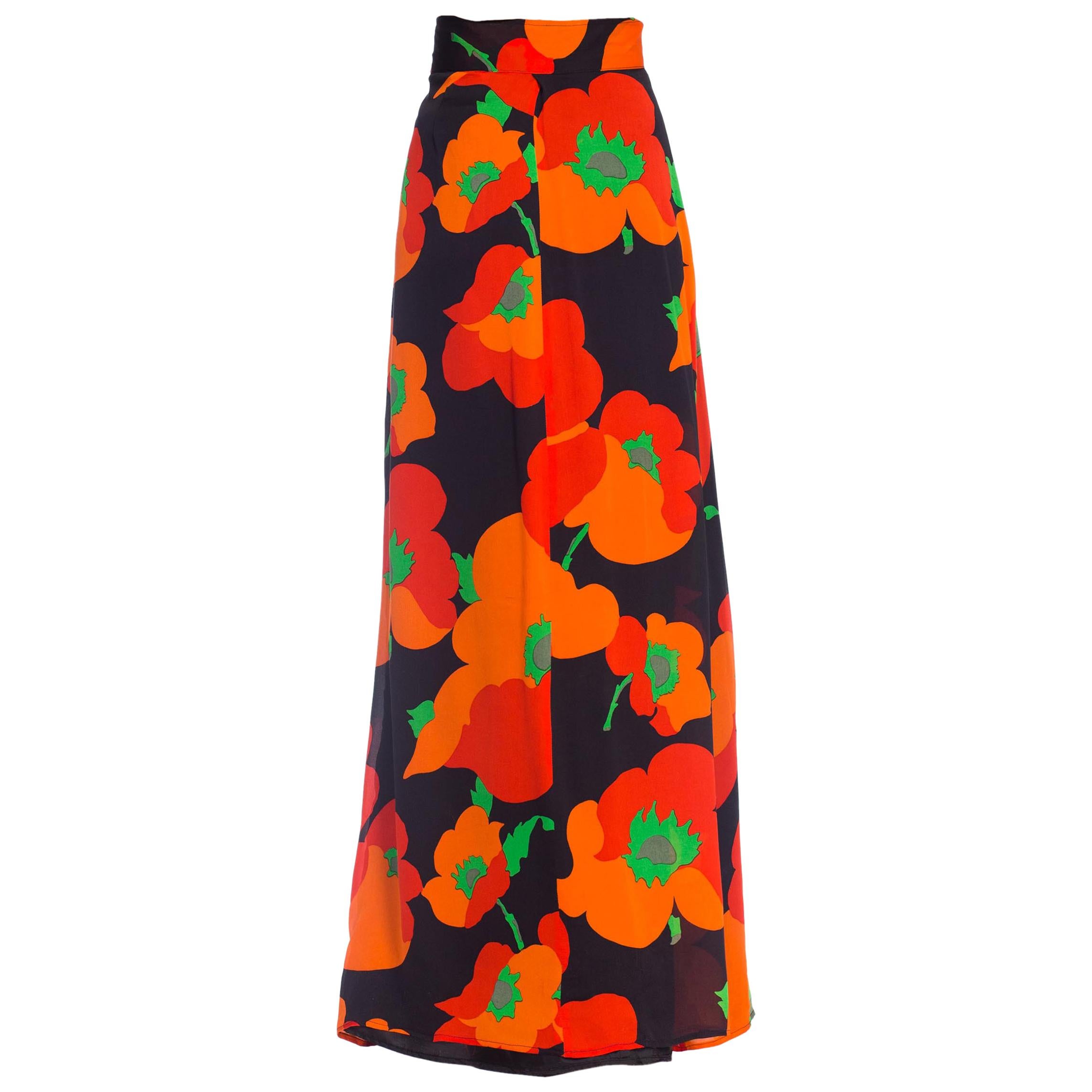 1970S Black & Red Silk Chiffon Poppy Print Fully Lined Maxi Skirt