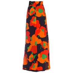 Vintage 1970S Black & Red Silk Chiffon Poppy Print Fully Lined Maxi Skirt