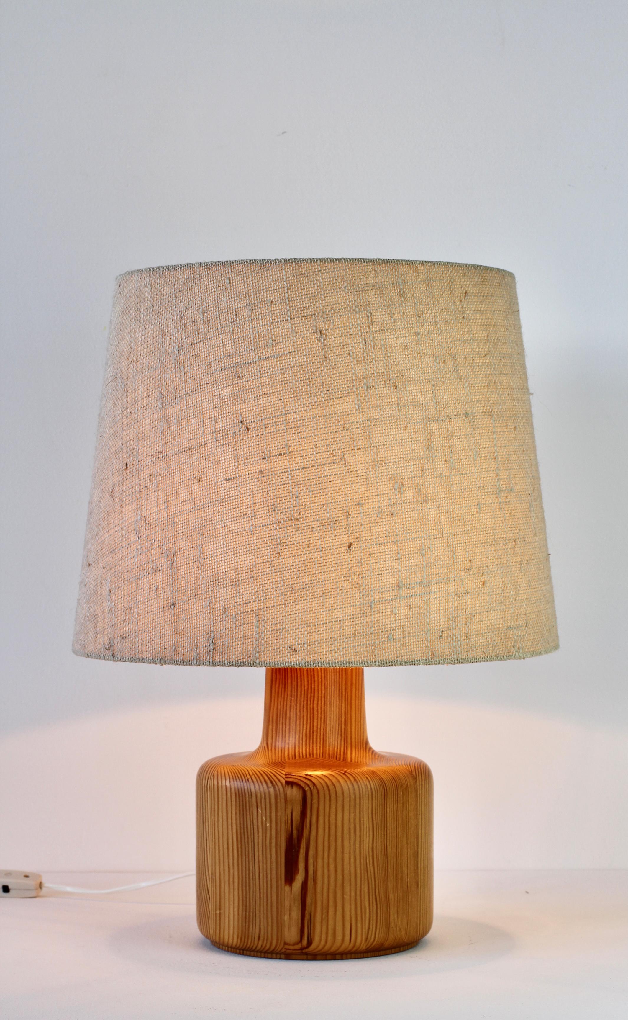 1970s Large Scandinavian Style Pine Wood Table Light Lamp Original Fabric Shade 3