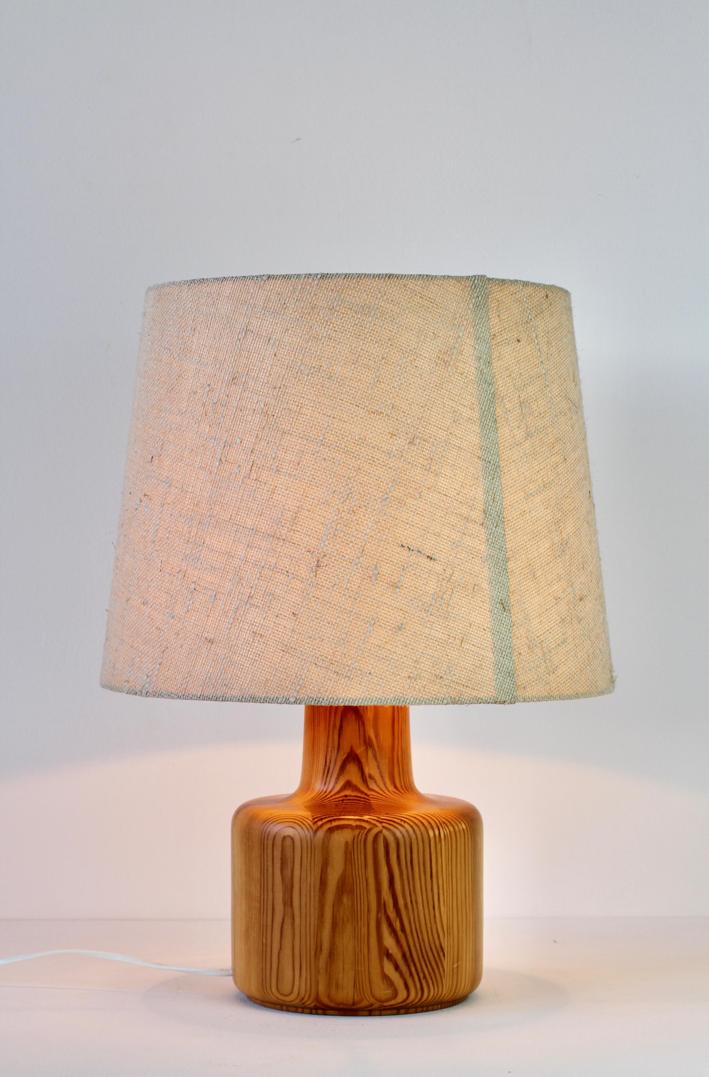 1970s Large Scandinavian Style Pine Wood Table Light Lamp Original Fabric Shade 4