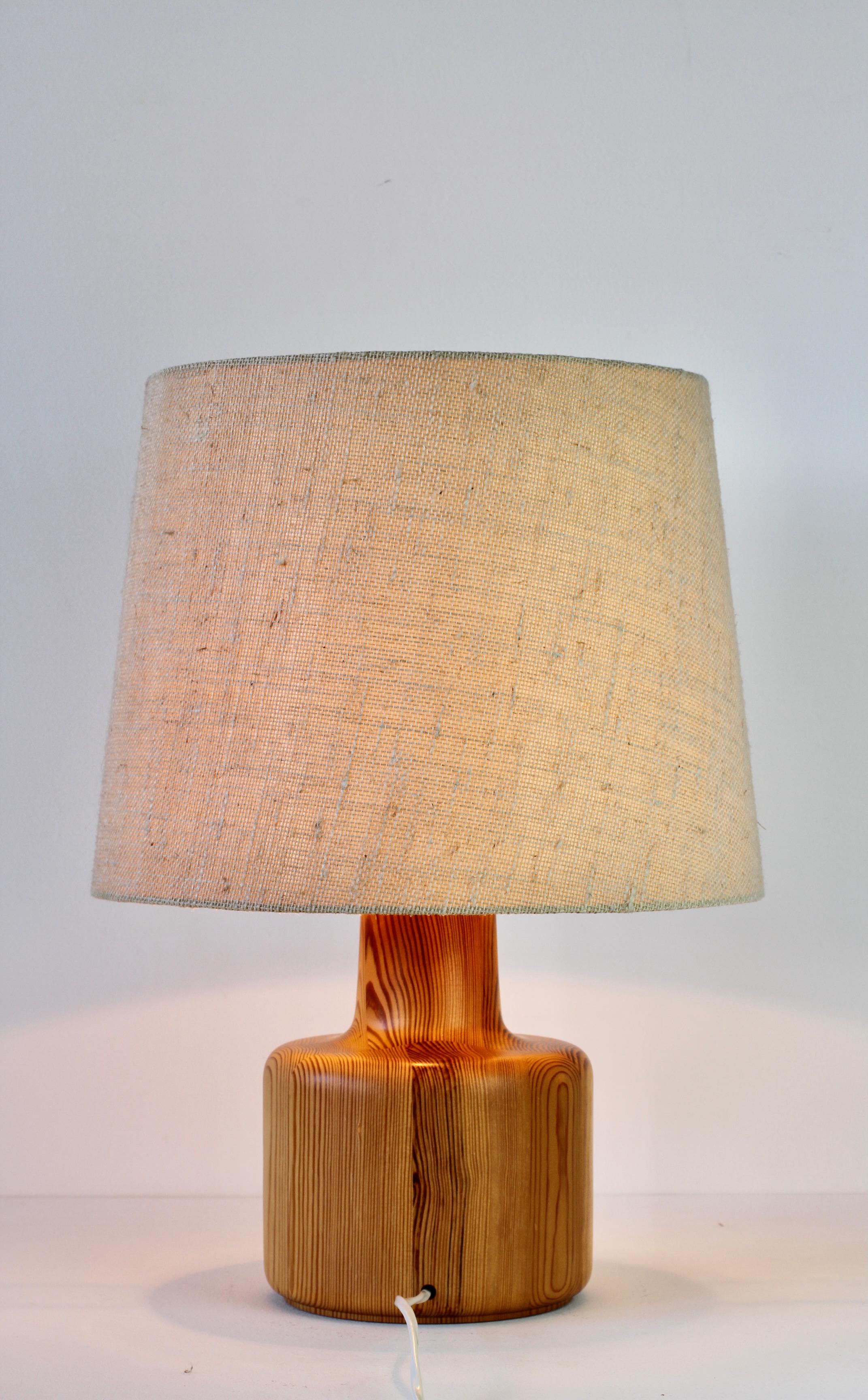 1970s Large Scandinavian Style Pine Wood Table Light Lamp Original Fabric Shade 5
