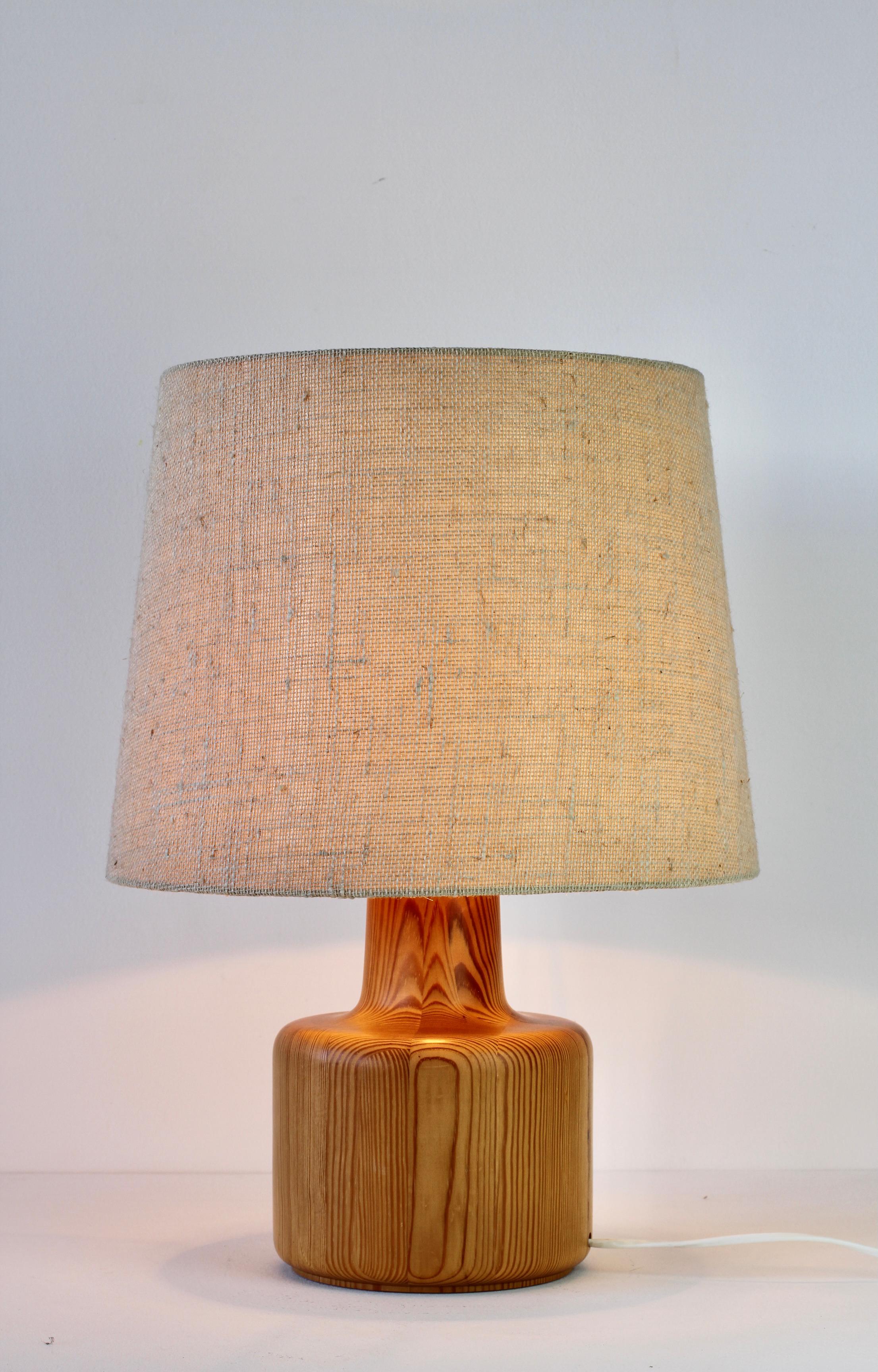 1970s Large Scandinavian Style Pine Wood Table Light Lamp Original Fabric Shade 6