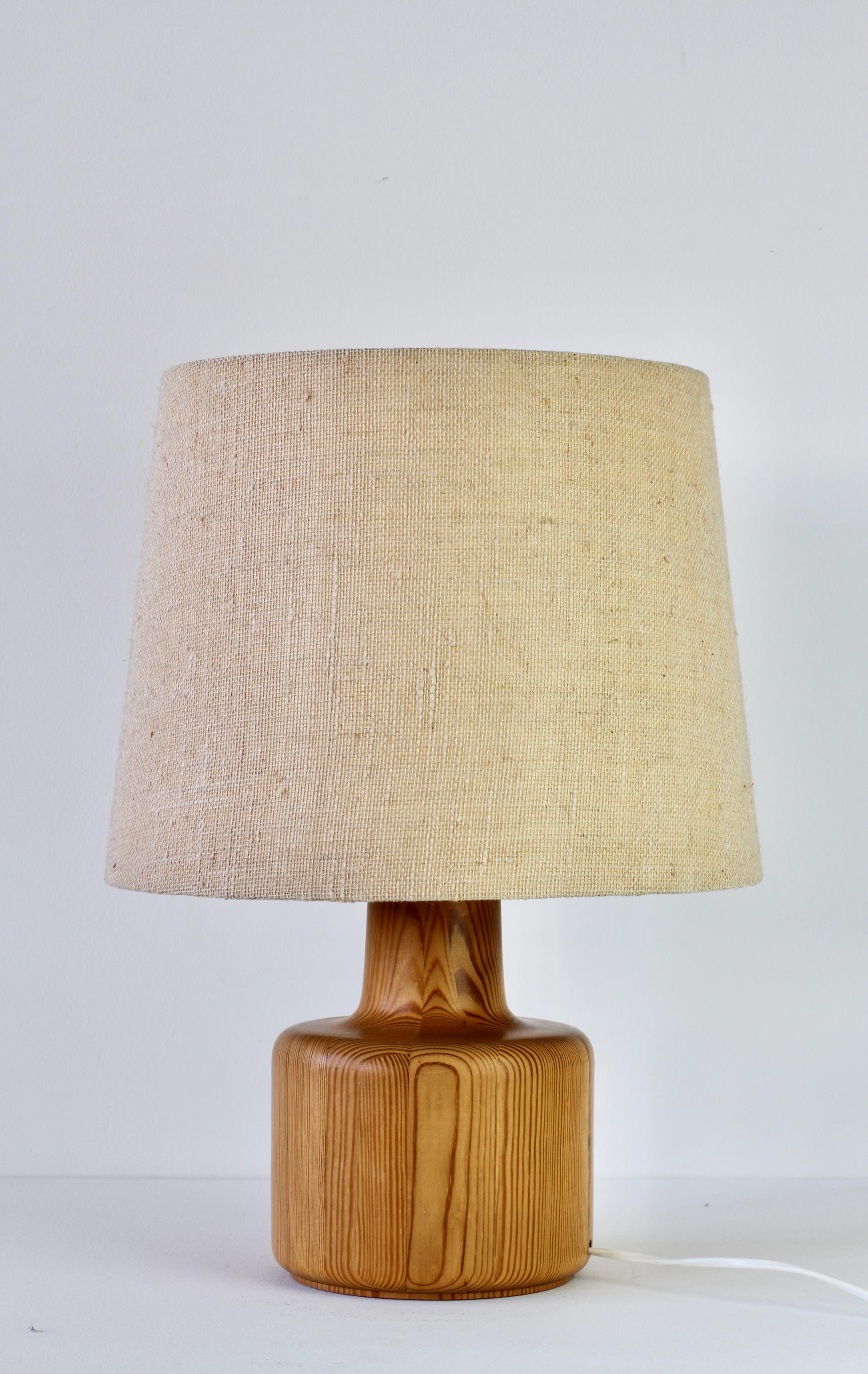 1970s Large Scandinavian Style Pine Wood Table Light Lamp Original Fabric Shade 7