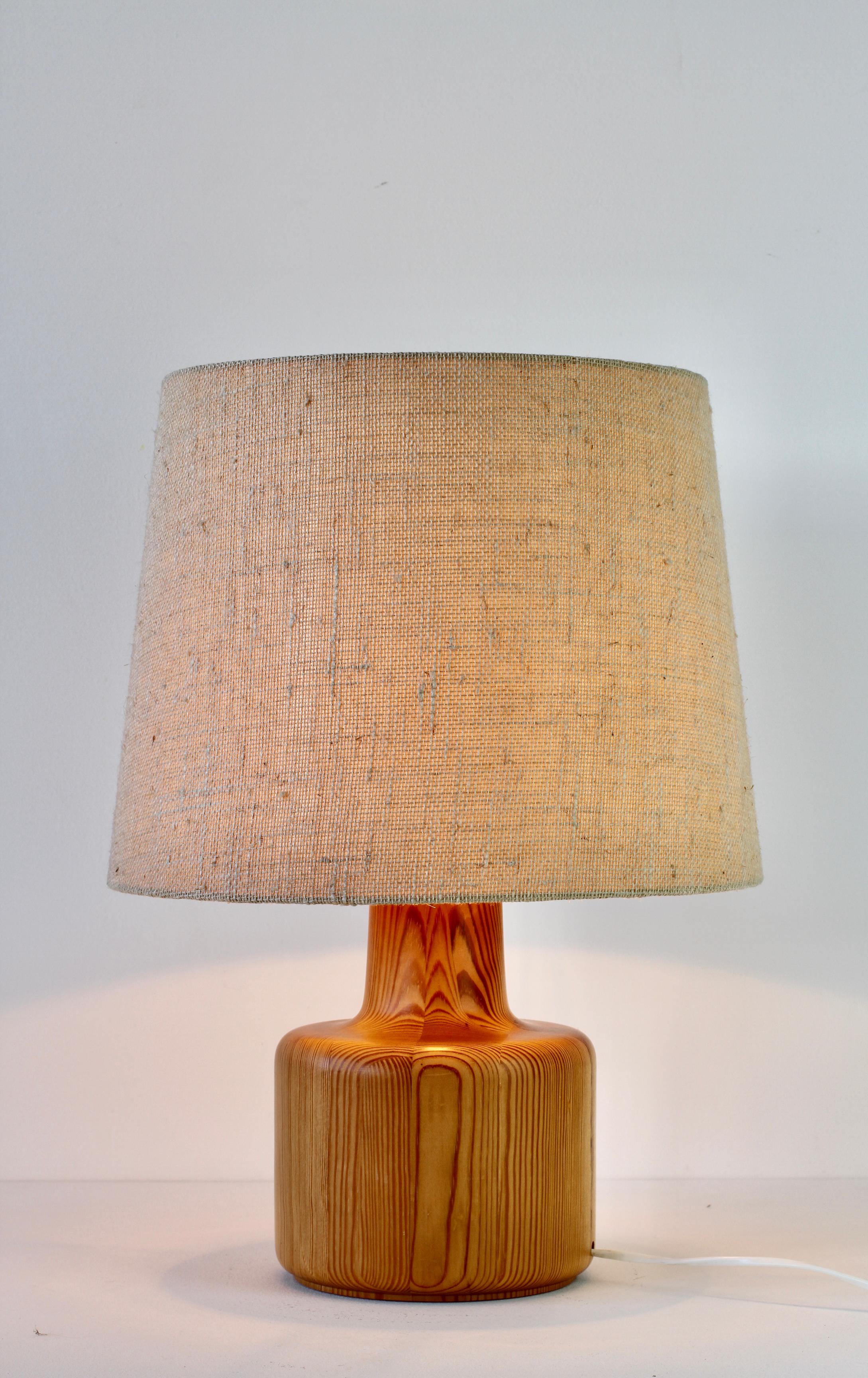 1970s Large Scandinavian Style Pine Wood Table Light Lamp Original Fabric Shade 8