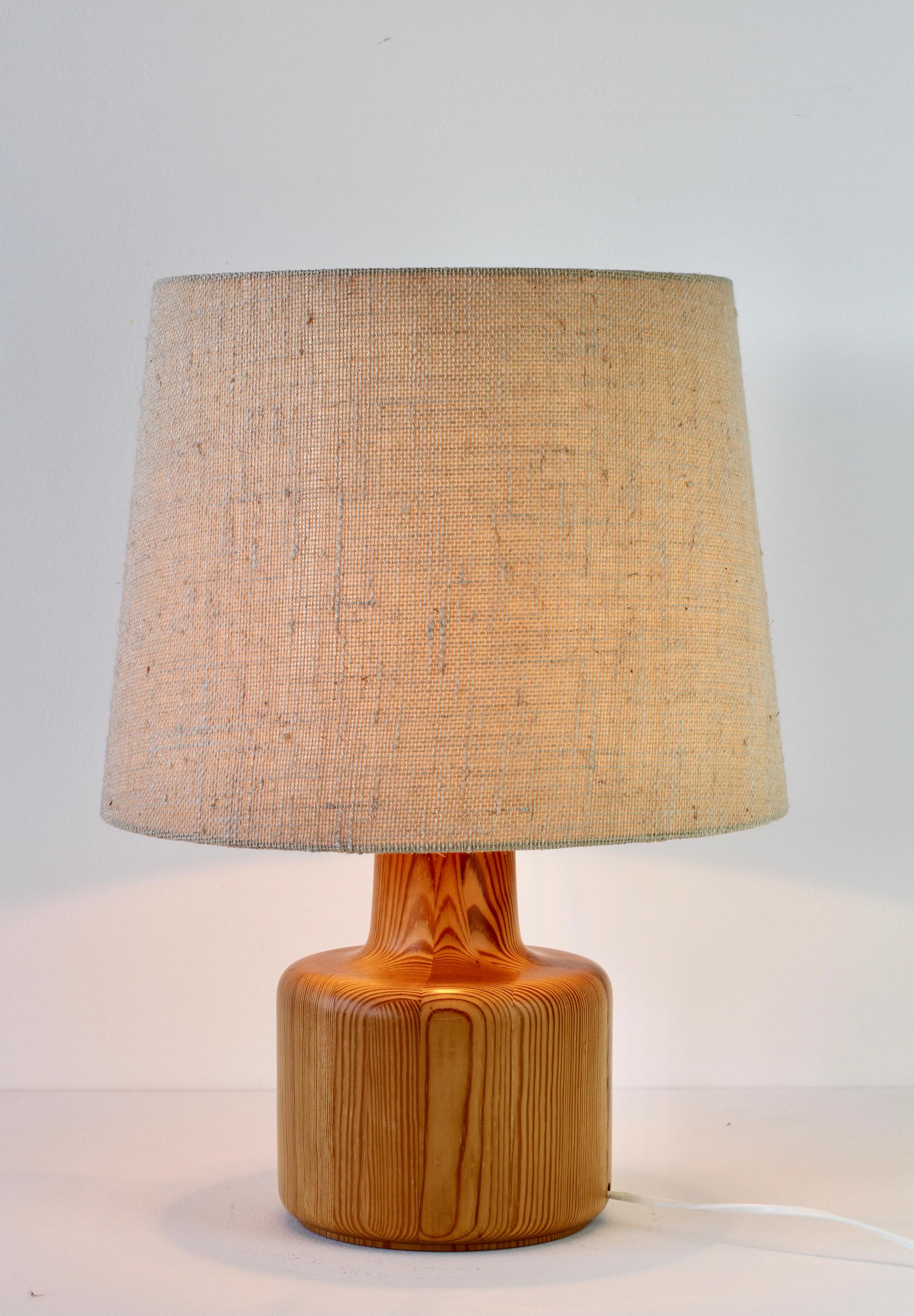 1970s Large Scandinavian Style Pine Wood Table Light Lamp Original Fabric Shade 9