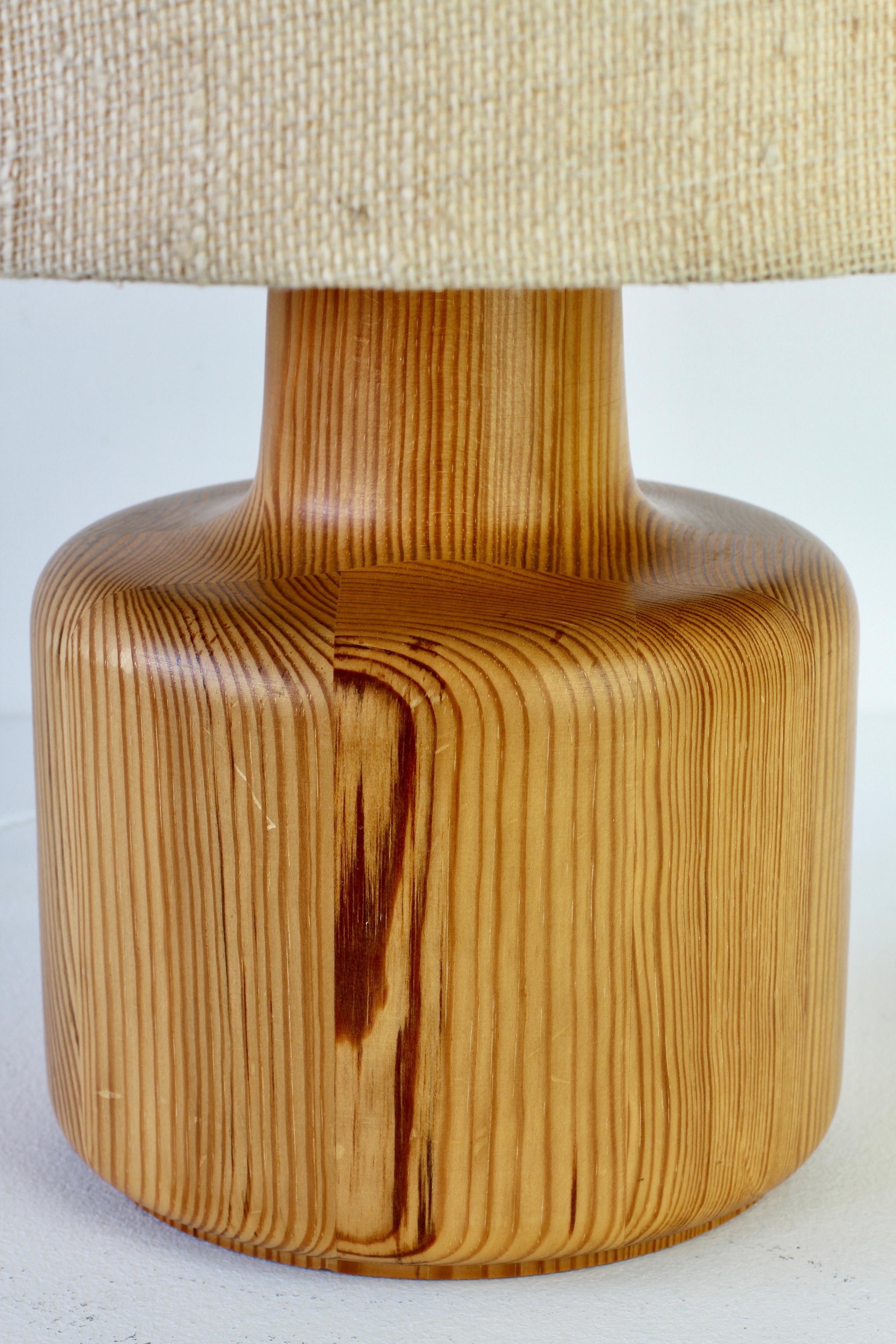 1970s Large Scandinavian Style Pine Wood Table Light Lamp Original Fabric Shade 11