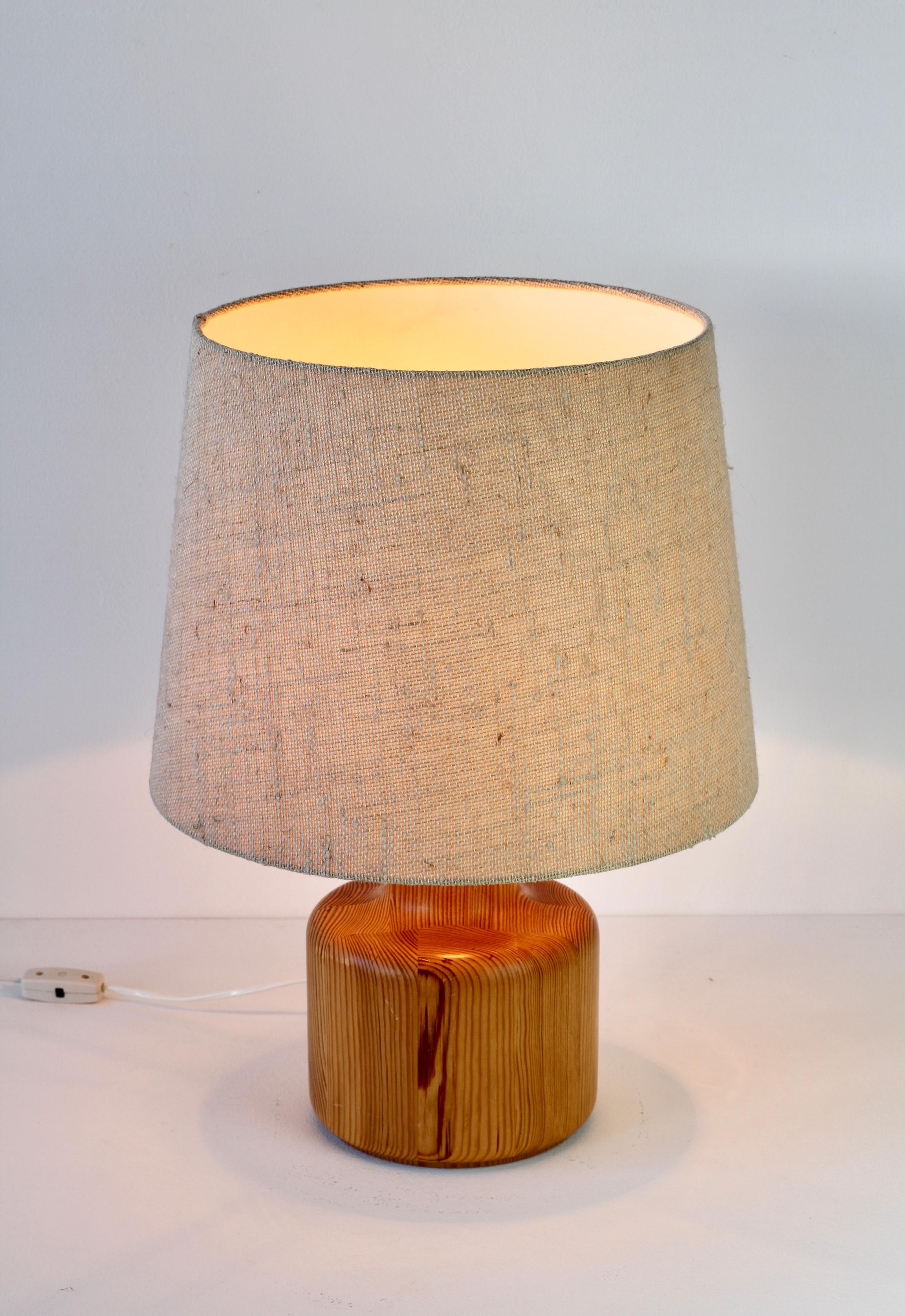 Mid-Century Modern 1970s Large Scandinavian Style Pine Wood Table Light Lamp Original Fabric Shade