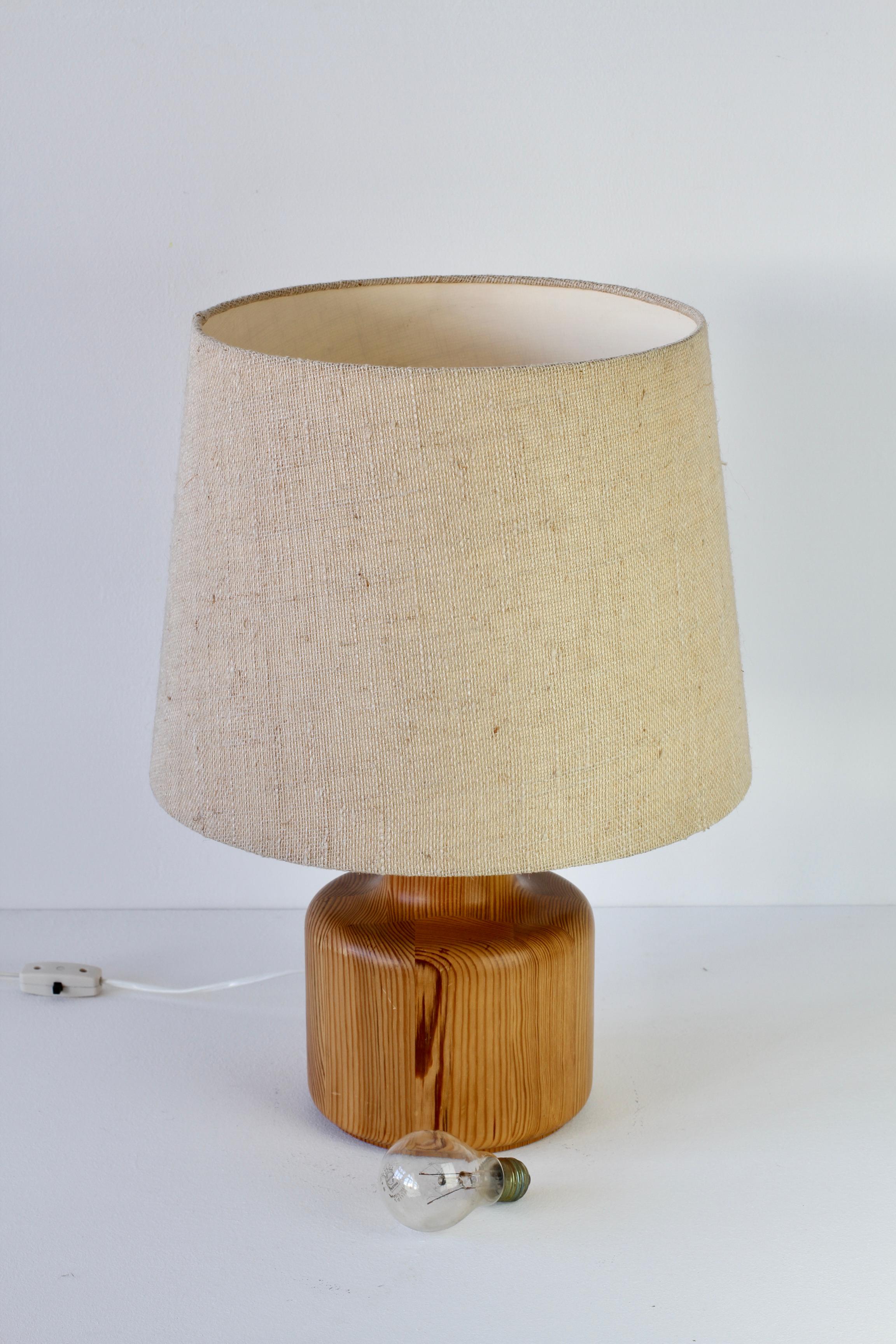 German 1970s Large Scandinavian Style Pine Wood Table Light Lamp Original Fabric Shade