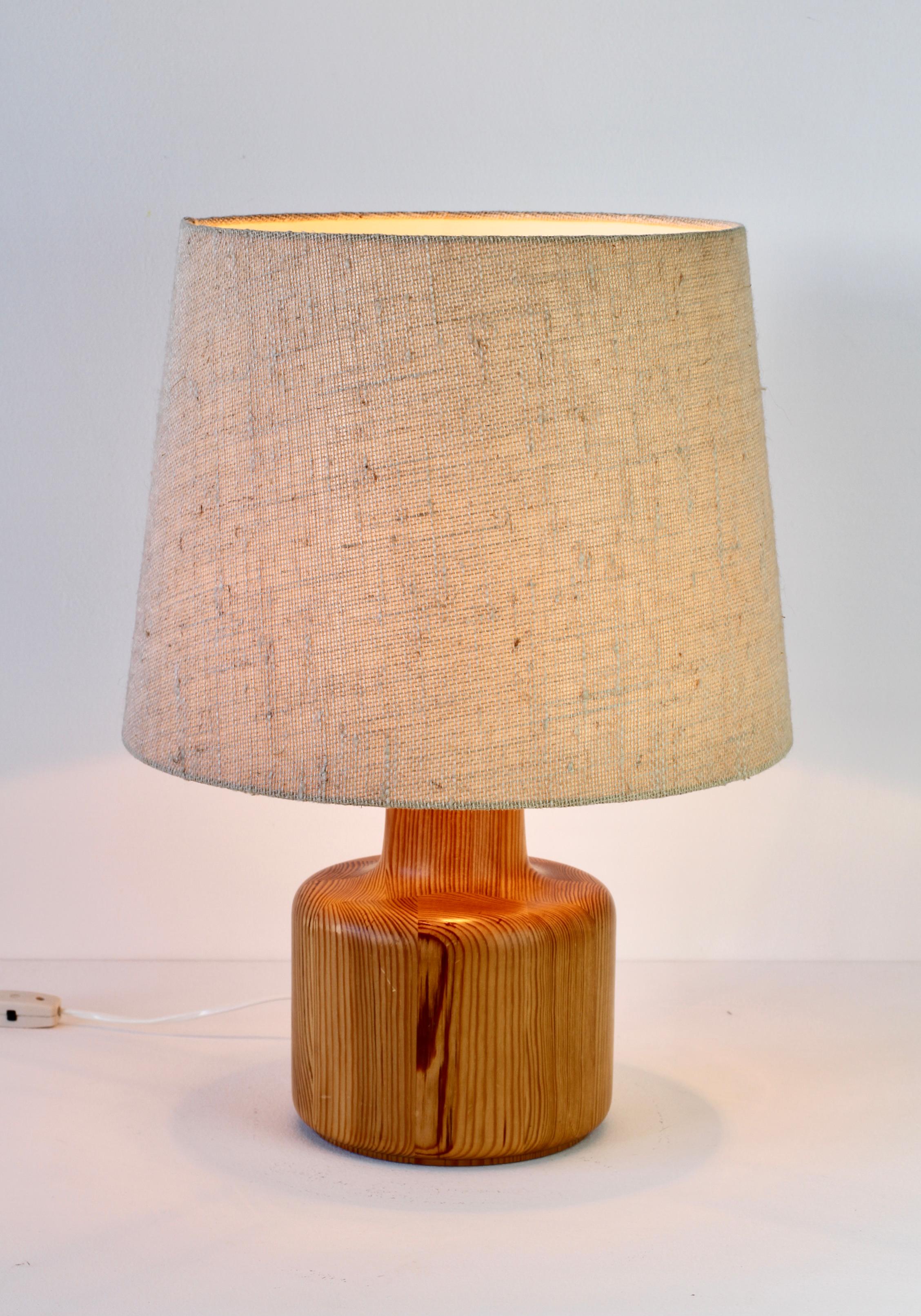 Carved 1970s Large Scandinavian Style Pine Wood Table Light Lamp Original Fabric Shade