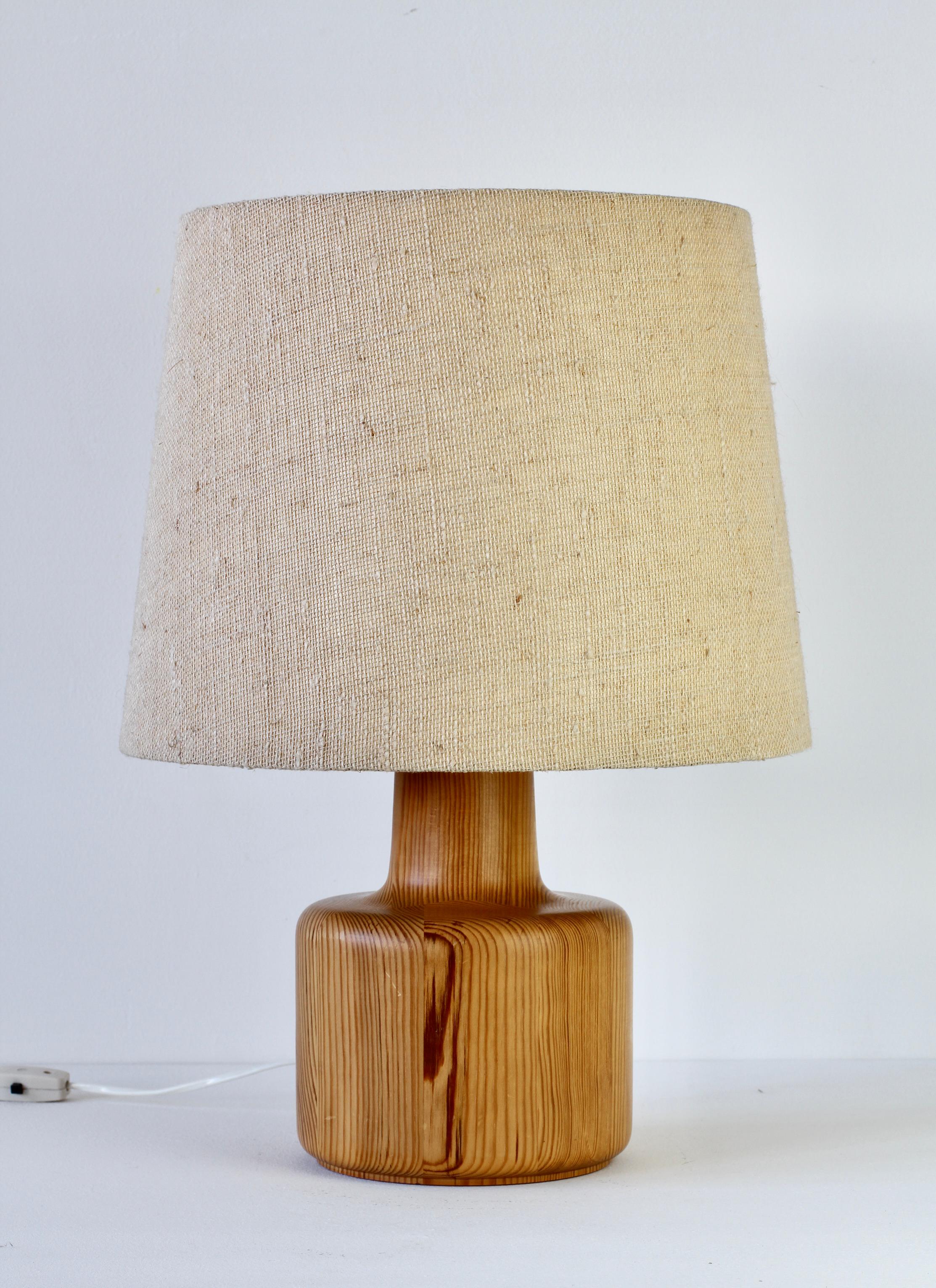 20th Century 1970s Large Scandinavian Style Pine Wood Table Light Lamp Original Fabric Shade