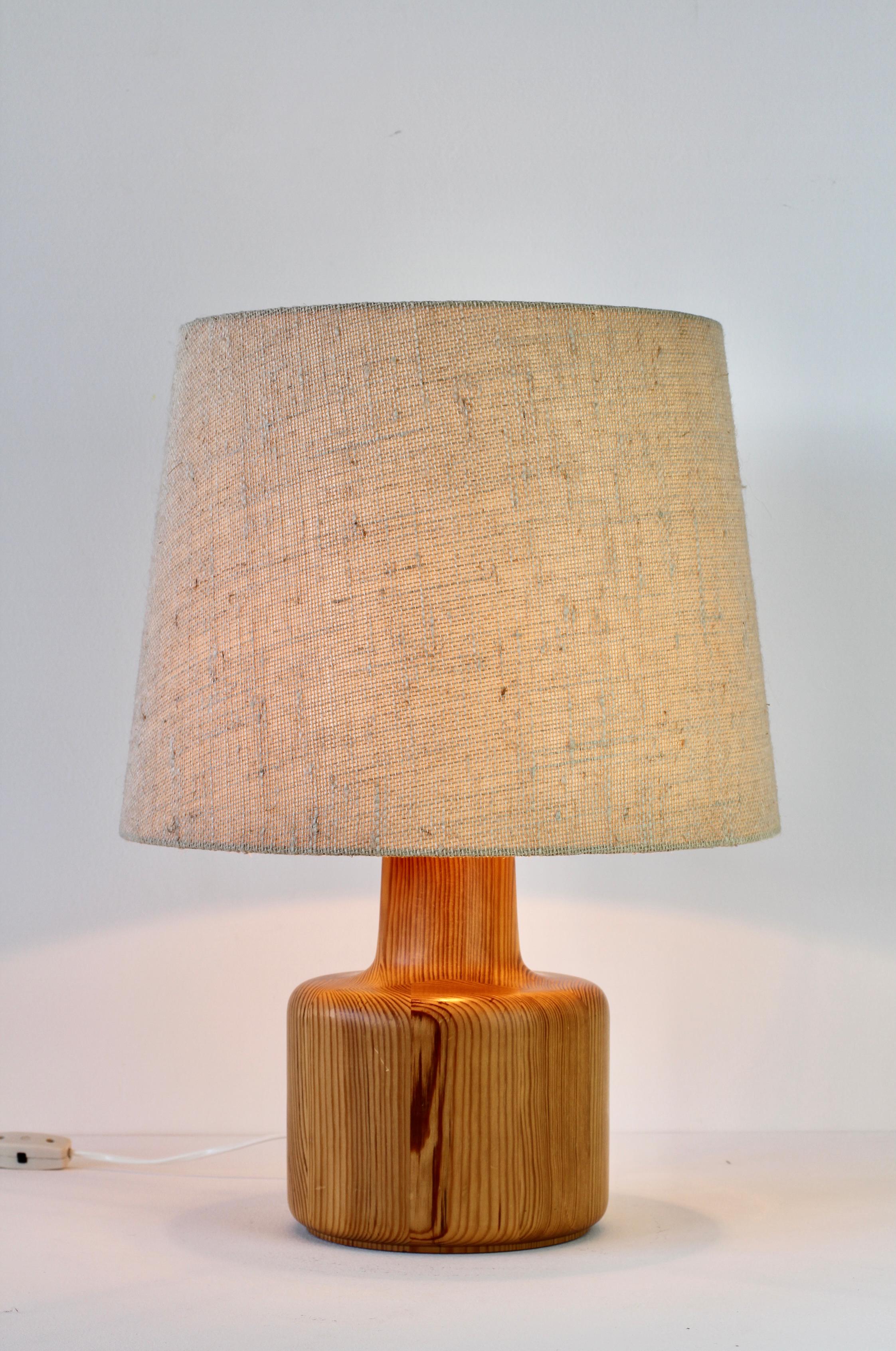 1970s Large Scandinavian Style Pine Wood Table Light Lamp Original Fabric Shade 1