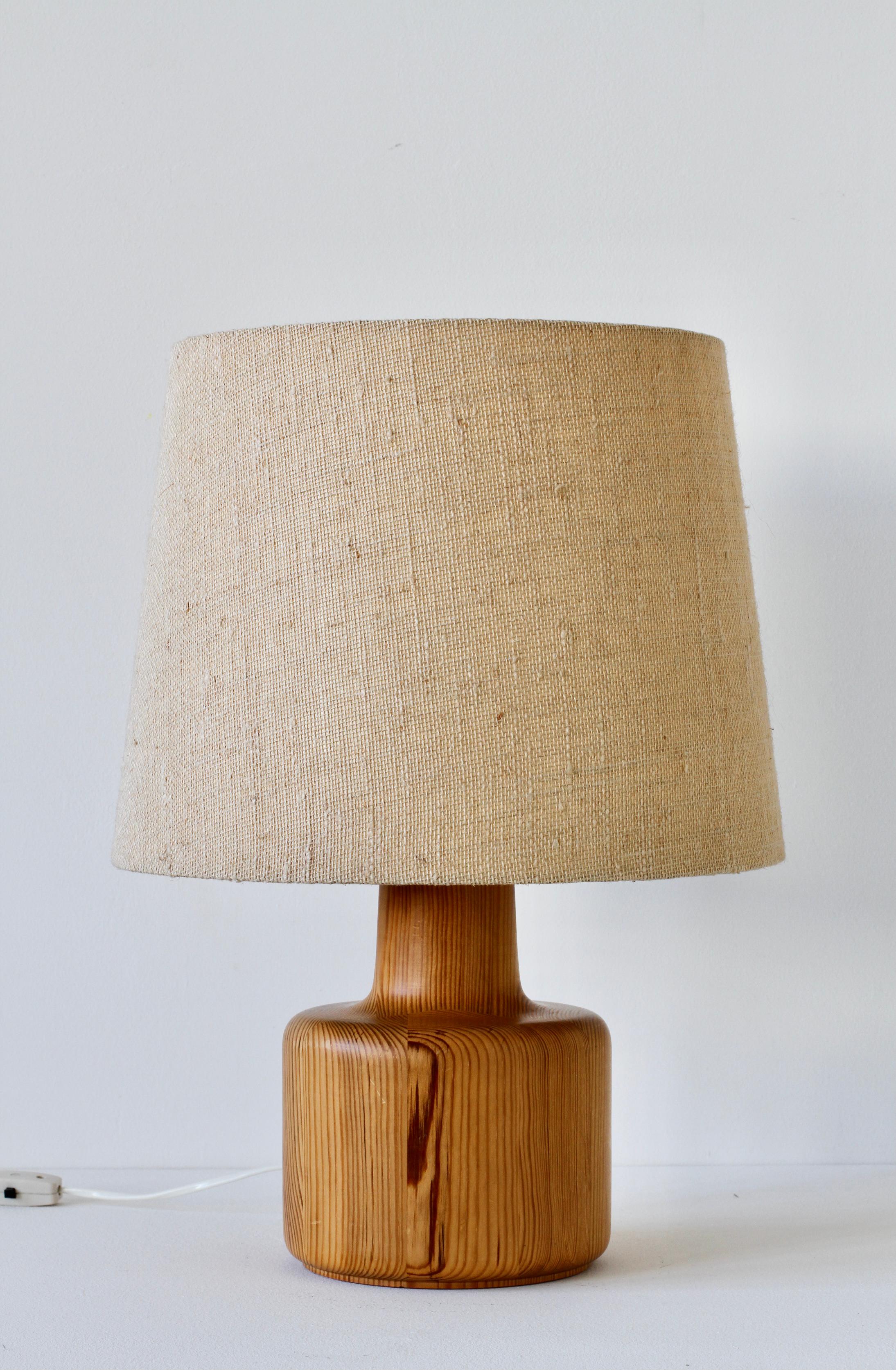 1970s Large Scandinavian Style Pine Wood Table Light Lamp Original Fabric Shade 2