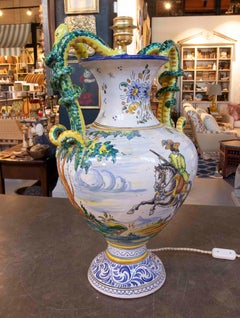 1970s Large Spanish Talavera Hand-Painted Table Lamp with Equestrian Scene