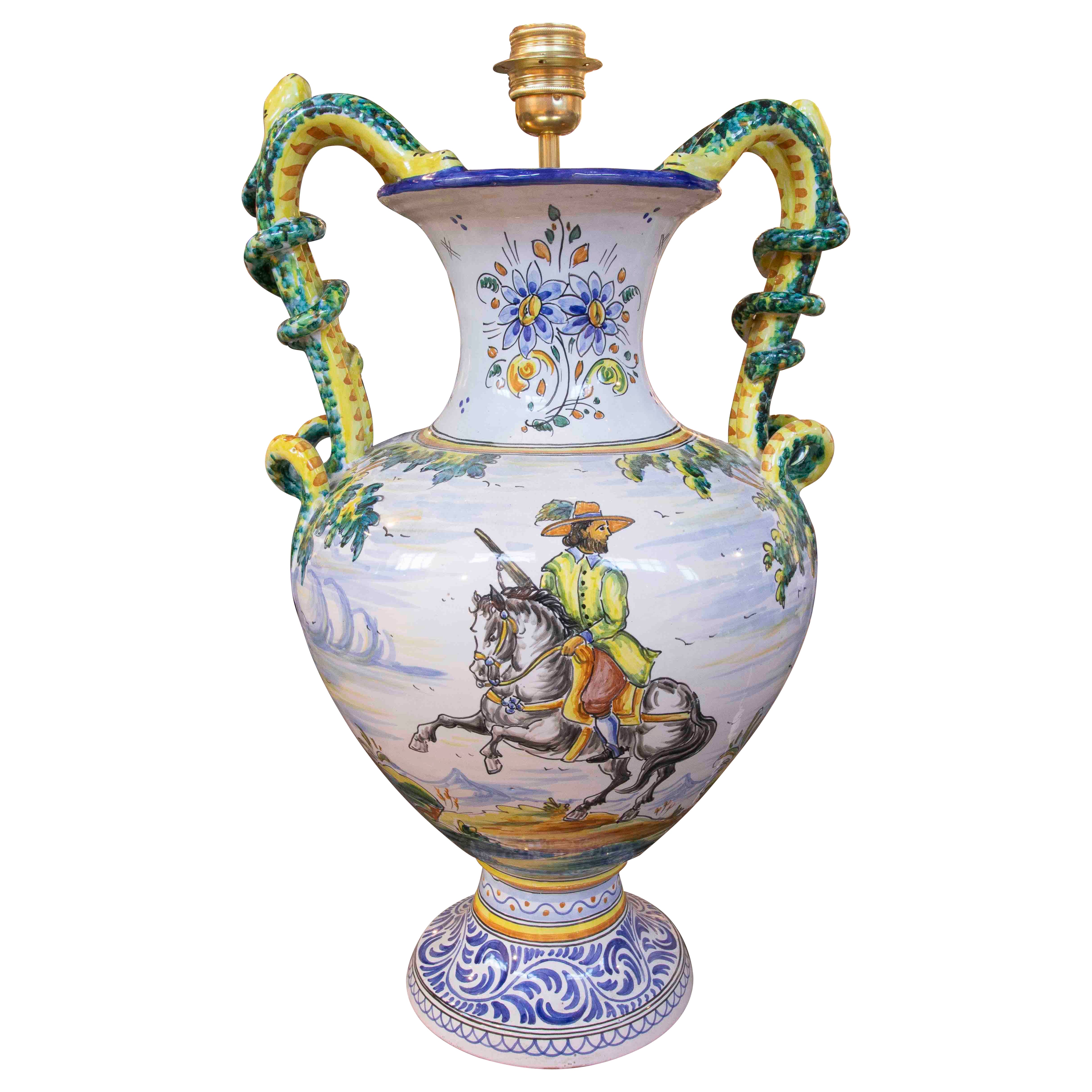 1970s Large Spanish Talavera Hand-Painted Table Lamp with Equestrian Scene For Sale