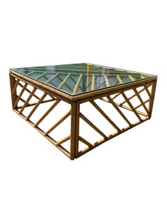 1970s Large Square Bamboo Coffee Table With Glass Top in Coastal Boho Chic Style