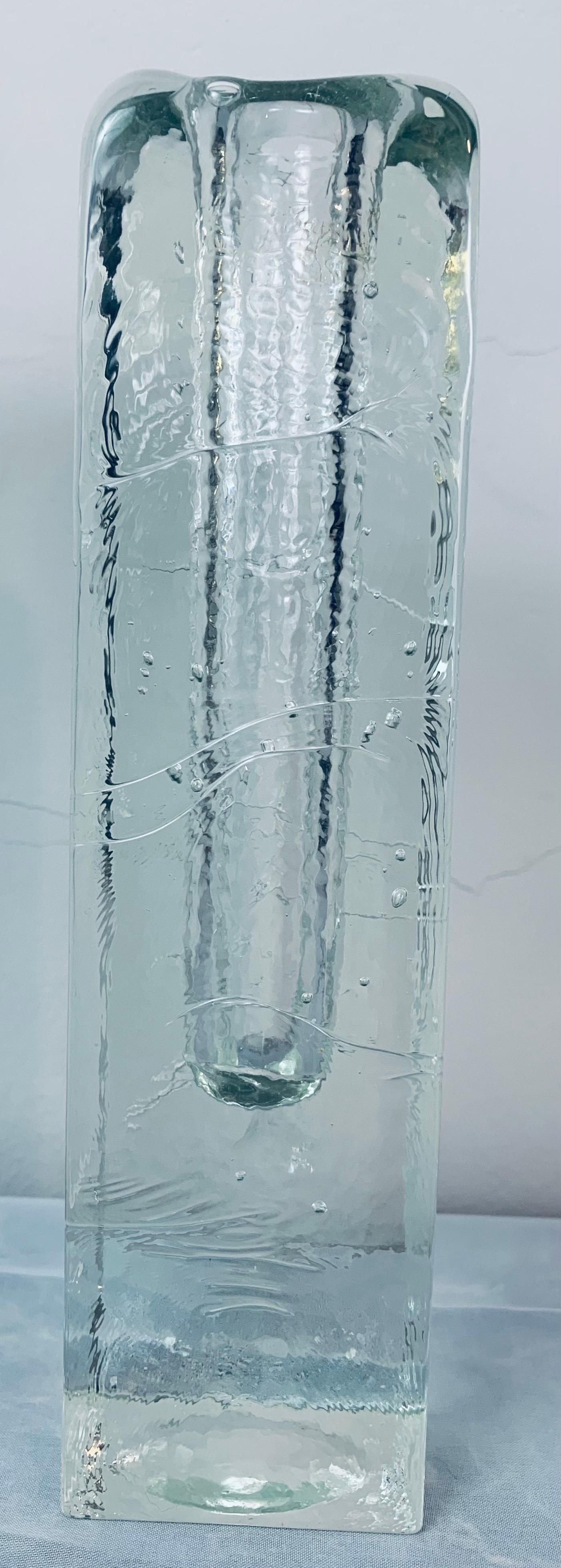 1970s Large Swedish Pukeberg Solifleur Rectangular Ice Glass Bud Flower Vase In Good Condition In London, GB