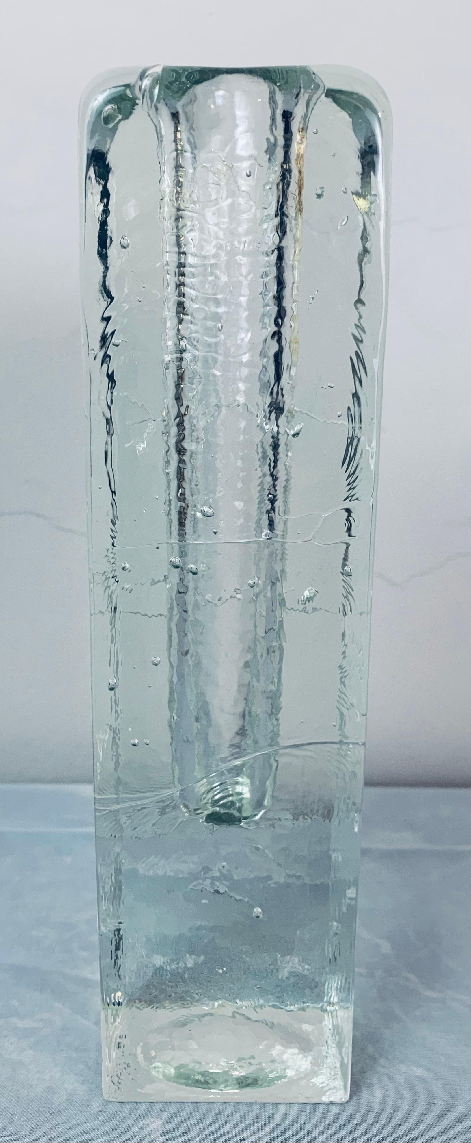 20th Century 1970s Large Swedish Pukeberg Solifleur Rectangular Ice Glass Bud Flower Vase