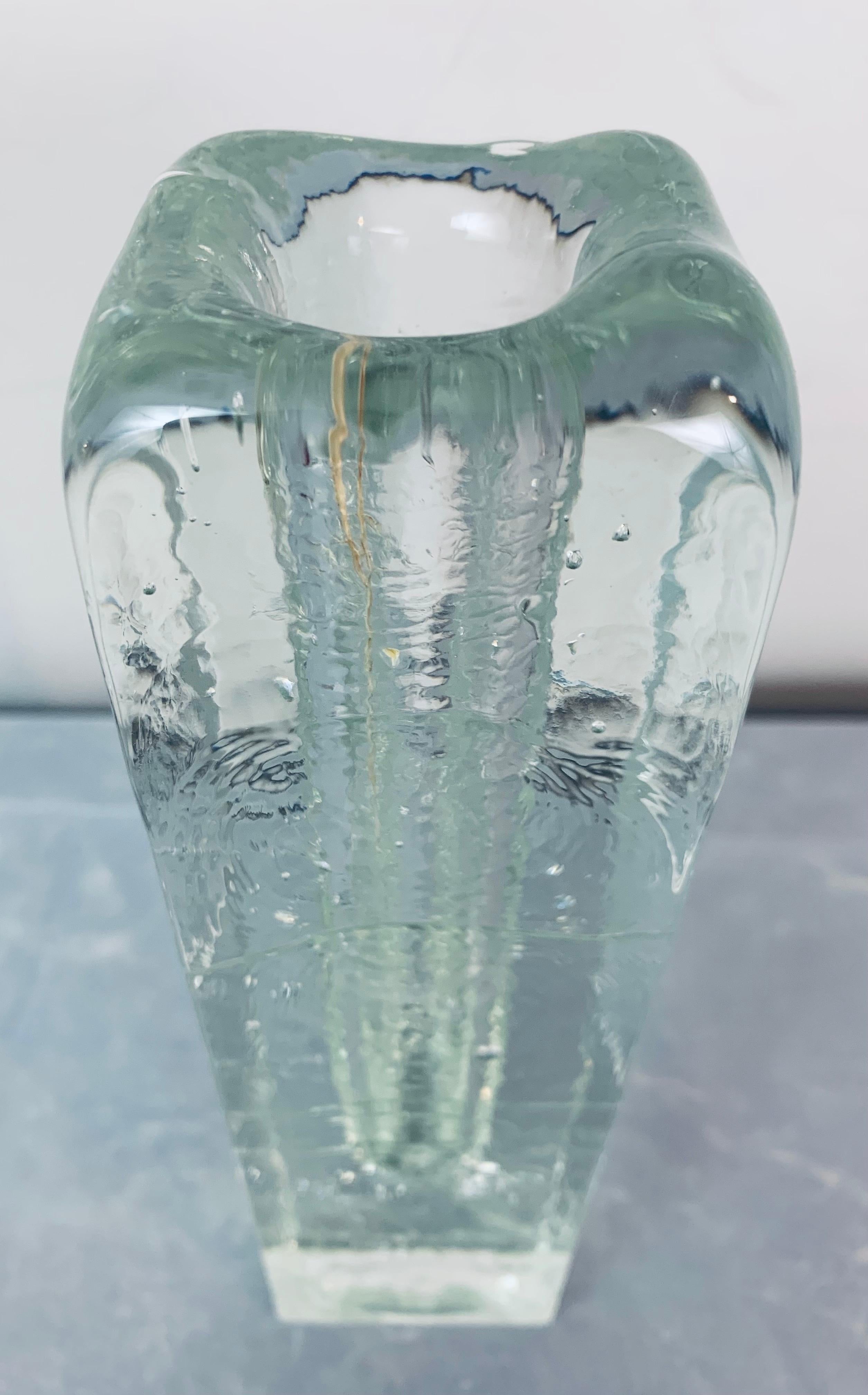 1970s Large Swedish Pukeberg Solifleur Rectangular Ice Glass Bud Flower Vase 1