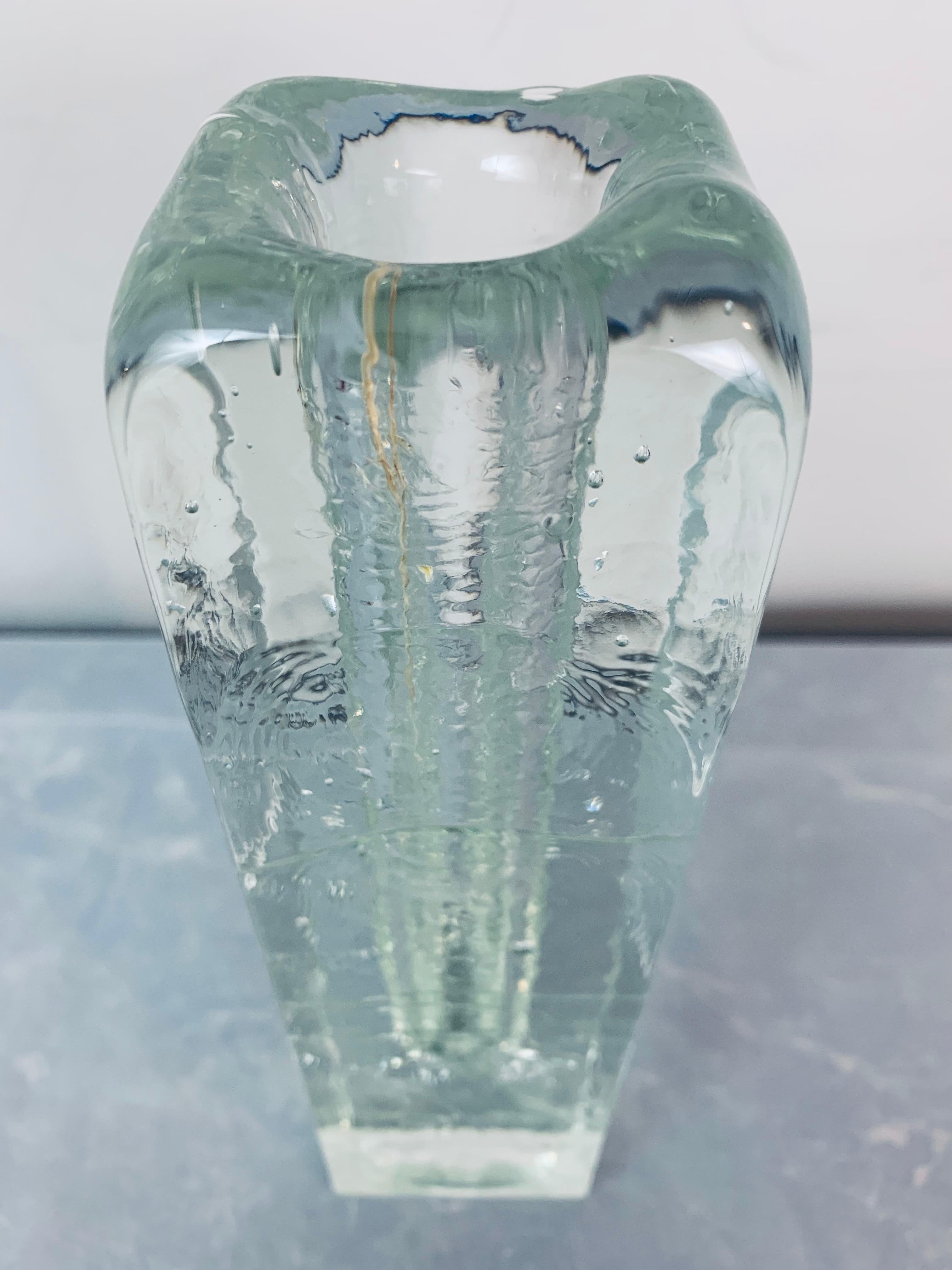 1970s Large Swedish Pukeberg Solifleur Rectangular Ice Glass Bud Flower Vase 2
