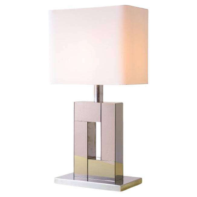 Lampada da tavolo grande degli anni '70 con base in acciaio e legno specchiato in vendita
