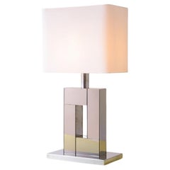Lampada da tavolo grande degli anni '70 con base in acciaio e legno specchiato