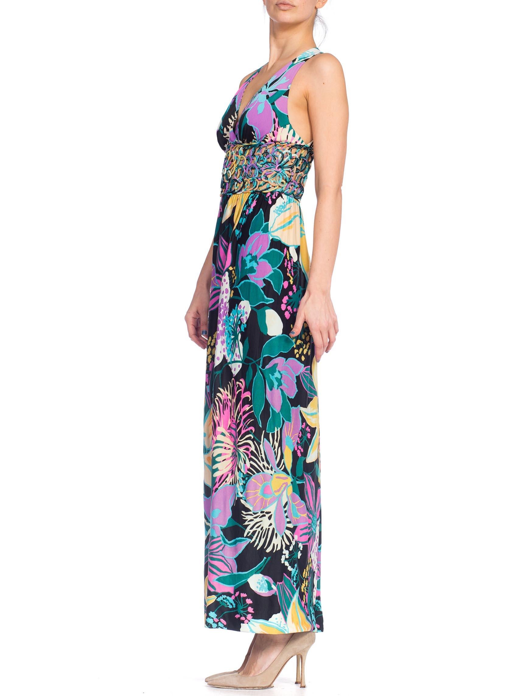 1970S Multicolor Tropical Large Floral Nylon Jersey Maxi Dress With Corded Lace Cut Out Midriff