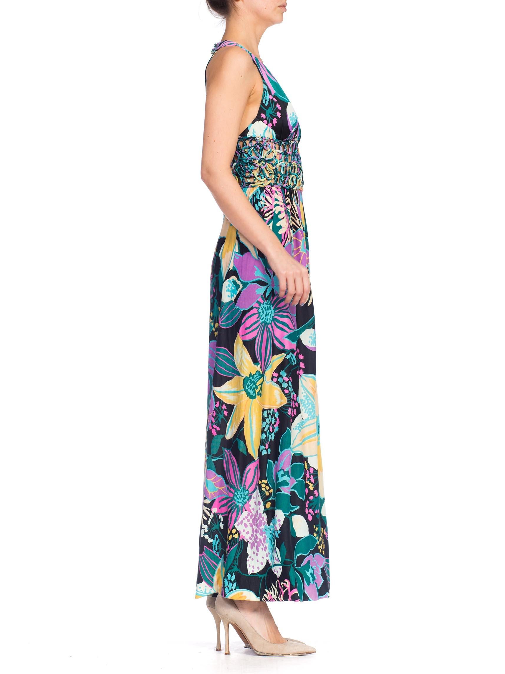 1970S Multicolor Tropical Large Floral Nylon Jersey Maxi Dress With Corded Lace In Excellent Condition In New York, NY