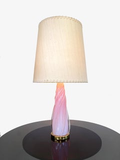 1970s Large Venini Sommerso Murano Glass Table Lamp in Pink & Cream Silk, Italy
